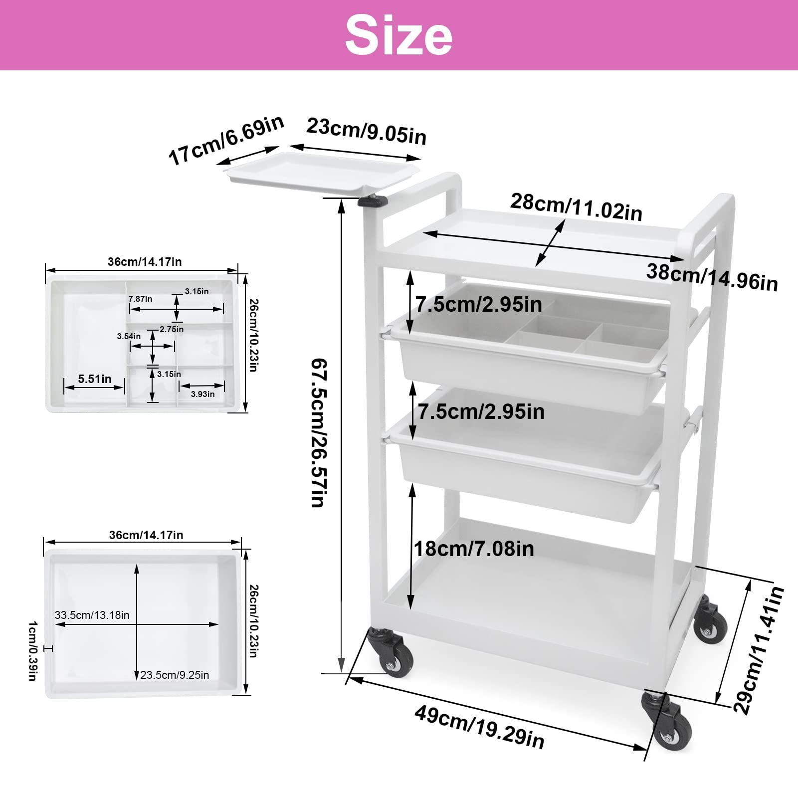 Elitzia Lash Cart Beauty Eyelashes Cart Organizer Esthetician Utility Trolley Salon Spa Rolling Trolley with Wheels Metal Storage Tray Fully Assembled 4 Drawers White Elitzia ETST19