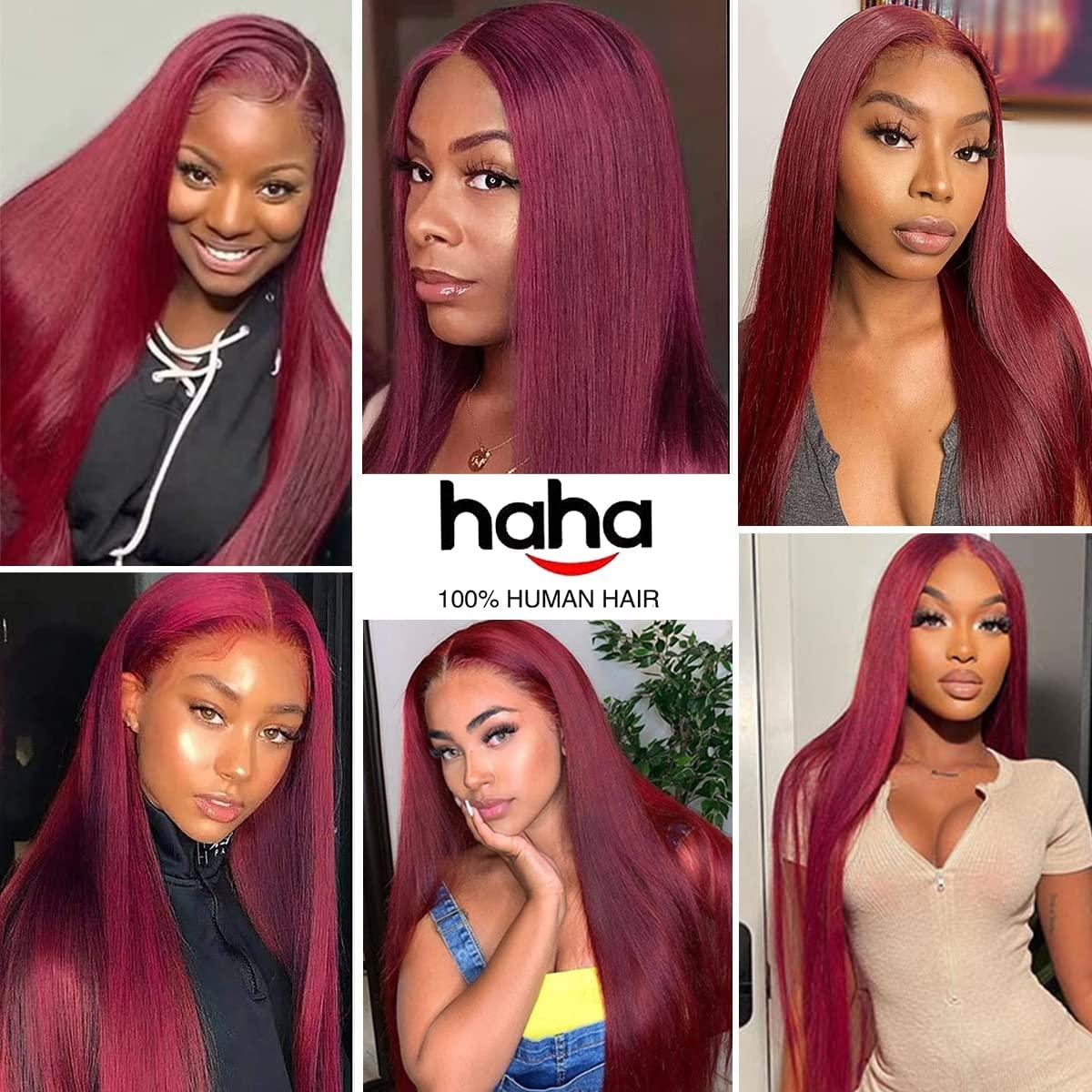 haha Haha 99J Burgundy Straight Bundles with Closure Human Hair Wine Red Bundles With 4x4 Lace Closure Brazilian Virgin Hair Weave 3 Bundles Human Hair with Closure Colored 18 20 22 +16 Free Part