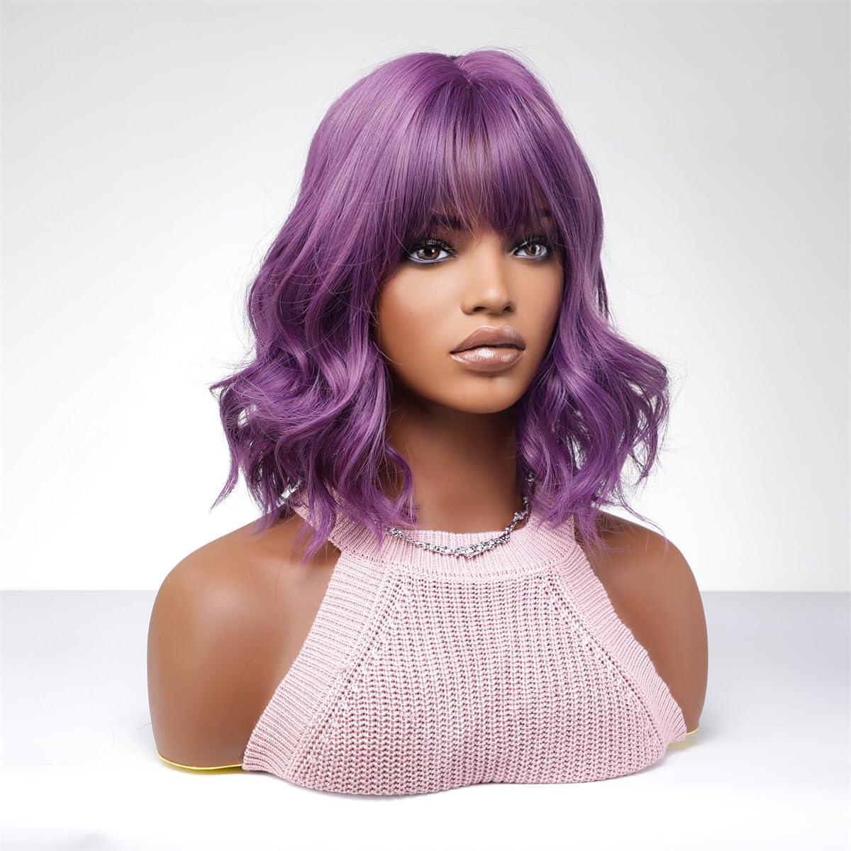 MocNeavian MocNeavian Purple Ombre Wig Wig With Bangs Bob Short Wavy Wigs for Women Natural Looking Wigs Synthetic Fiber Heat Resistant Wig Women\'s Wigs for Cosplay Daily Use Natural Hair Wig for Daily Party