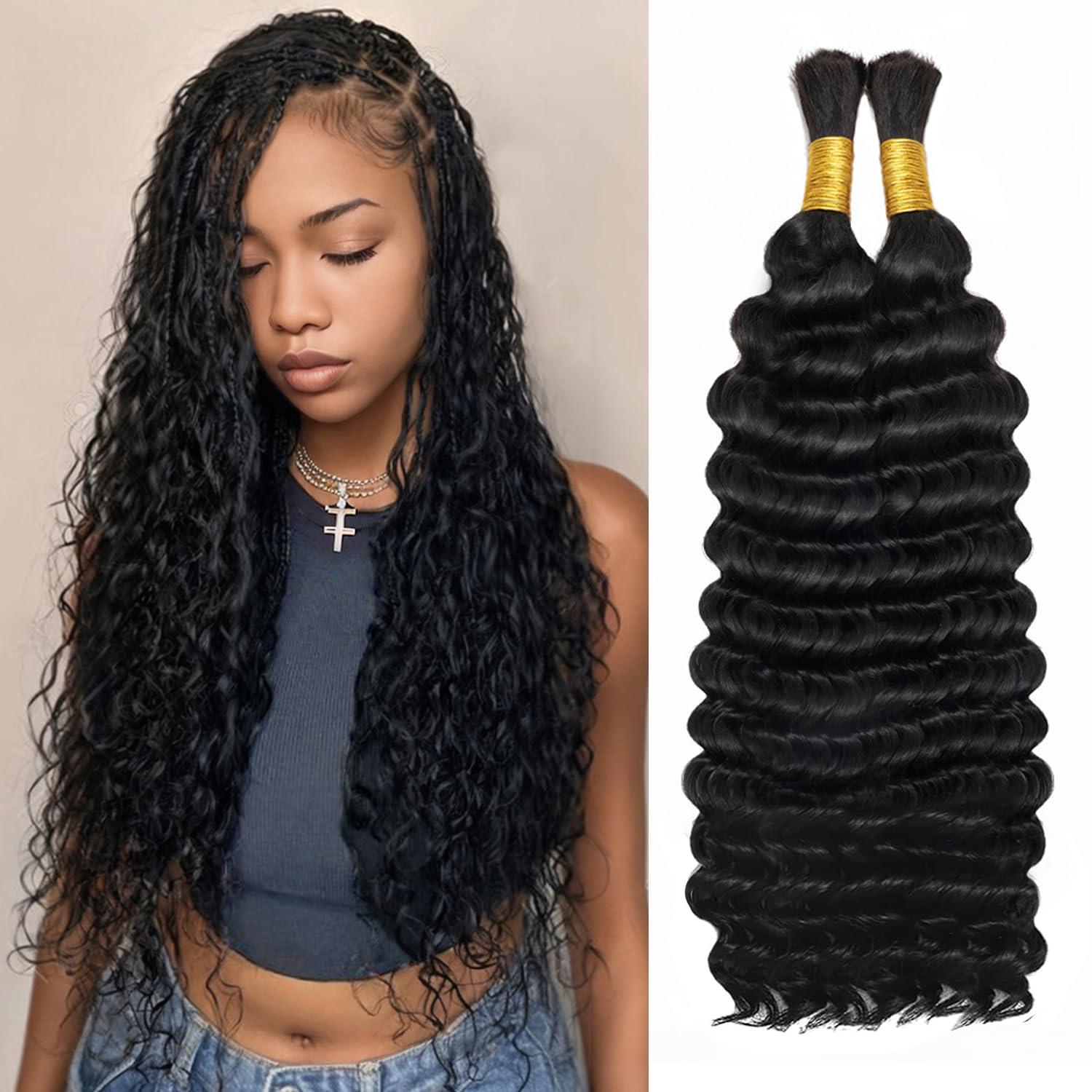 KISS HAIR Human Braiding Hair 1 Bundles/Pack 100g 18 Inch Deep Wave Curly Bulk 100% Human Hair for Braiding No Weft 10A Brazilian Virgin Human Hair Extensions for Boho Braids Natural Black Wet and Wavy