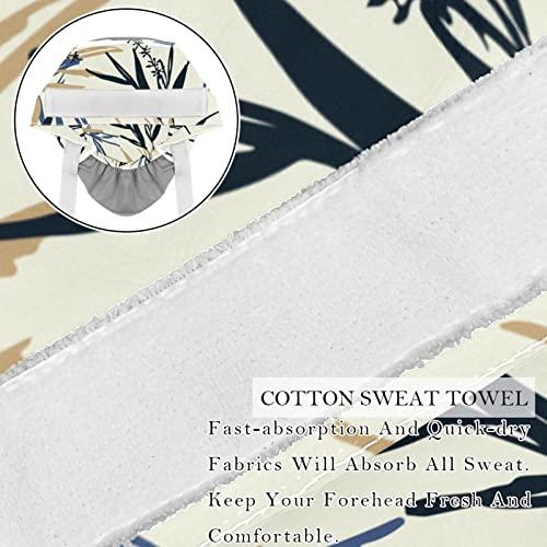 Lyetny Blue and Beige Bamboo Leaves and Flower Oriental Scrub Caps Hats Women Bouffant Working Hat Ponytail Holder for Women Long Hair Covers 2PCS