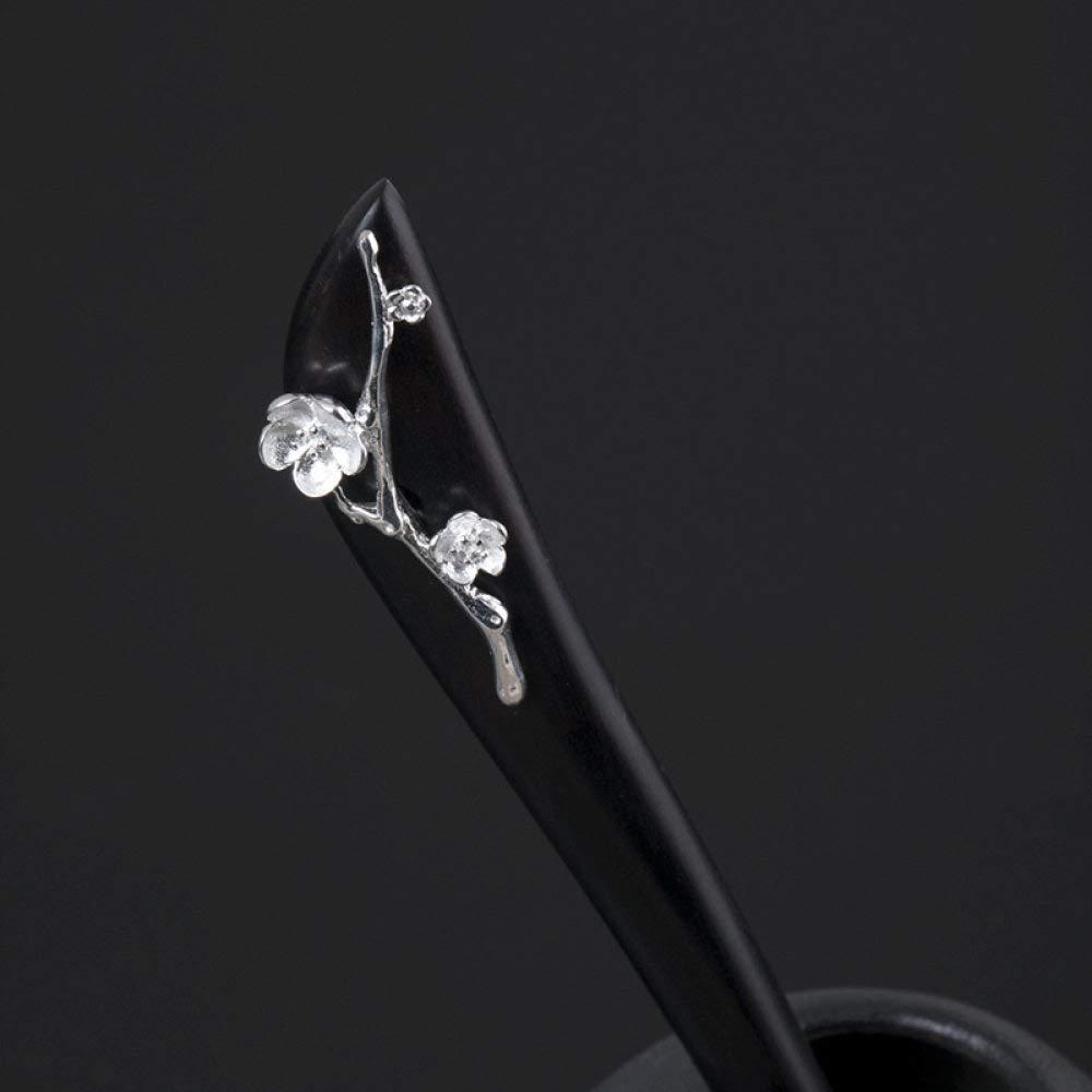 FANLIKIKI Chignon Pin Hair,Hair Sticks,Hair Chopsticks,S925 Silver Hair Sticks for Buns,Plum Bossom Hair Chopsticks Elegant Hair Pins Stick Chinese Classical Wooden Chopsticks