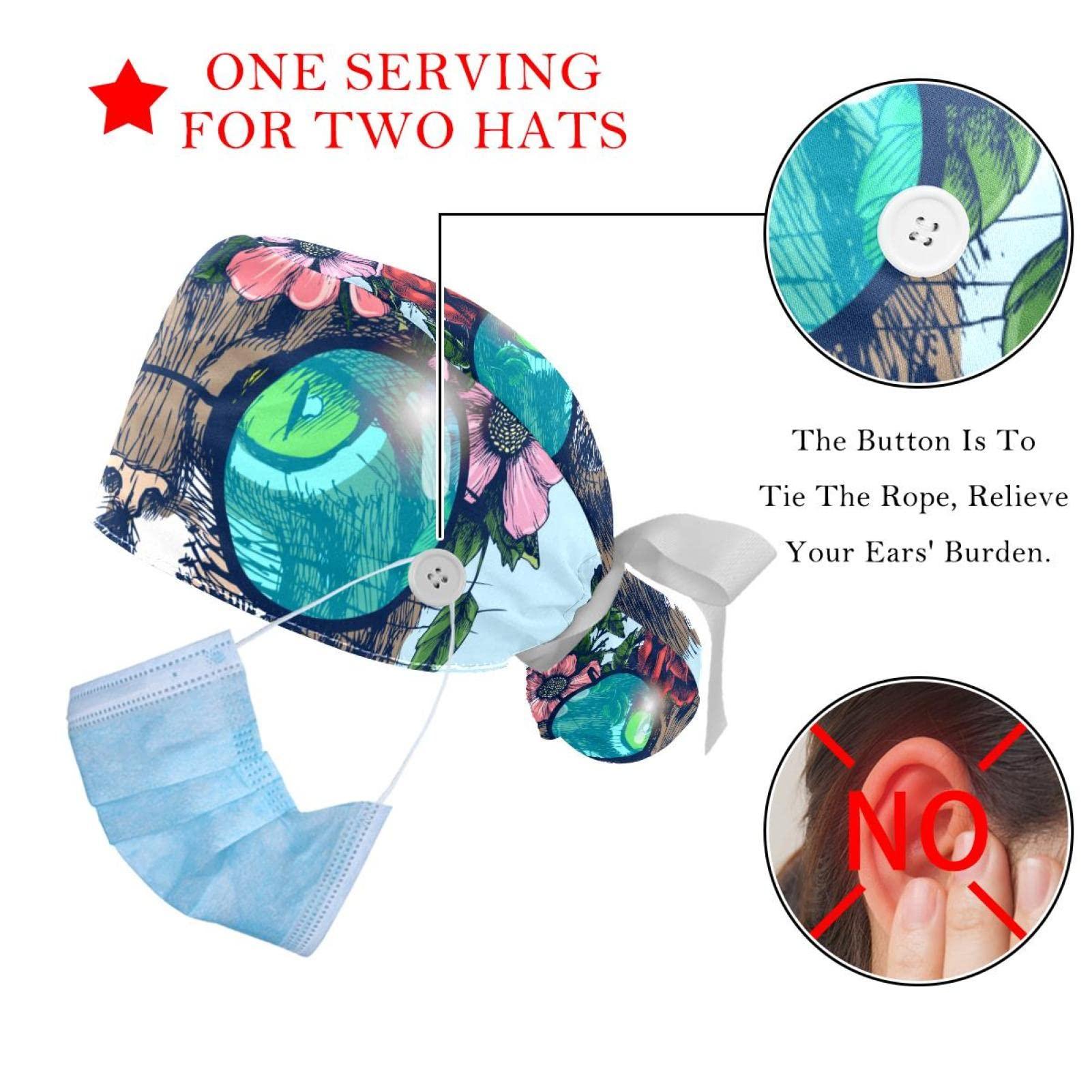 Lyetny Maine Coon Cat with Floral Wreath and Round Sunglasses Scrub Caps Hats Women Bouffant Working Hat Ponytail Holder for Women Long Hair Covers 2PCS