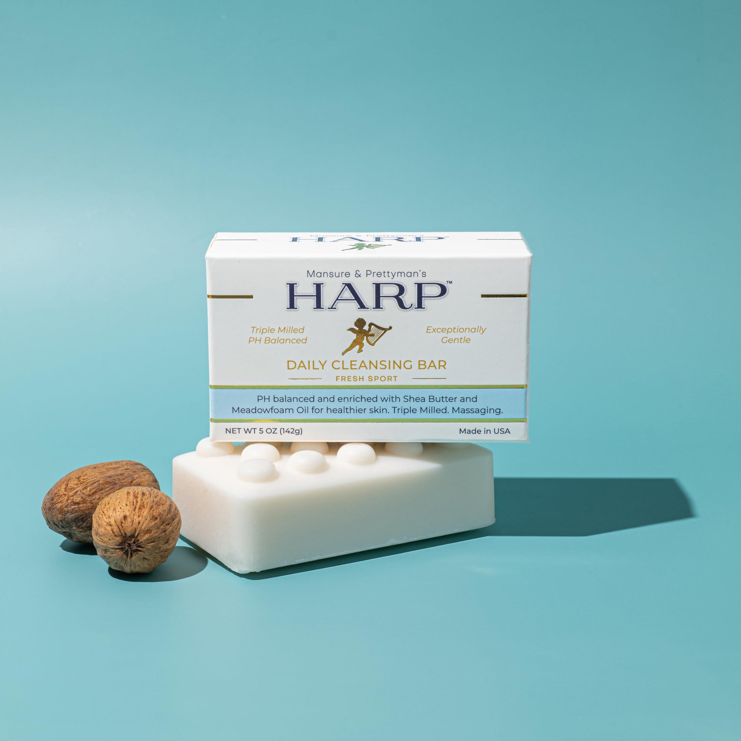 Mansure & Prettyman's HARP HARP pH-Balanced (5.0-6.0) Body Wash Bar - Exceptionally Gentle For Dry or Sensitive Skin + Shea Butter + Borage Oil | Non-Comedogenic | Soap-Free, Lye-Free. FRESH SPORT FRAGRANCE