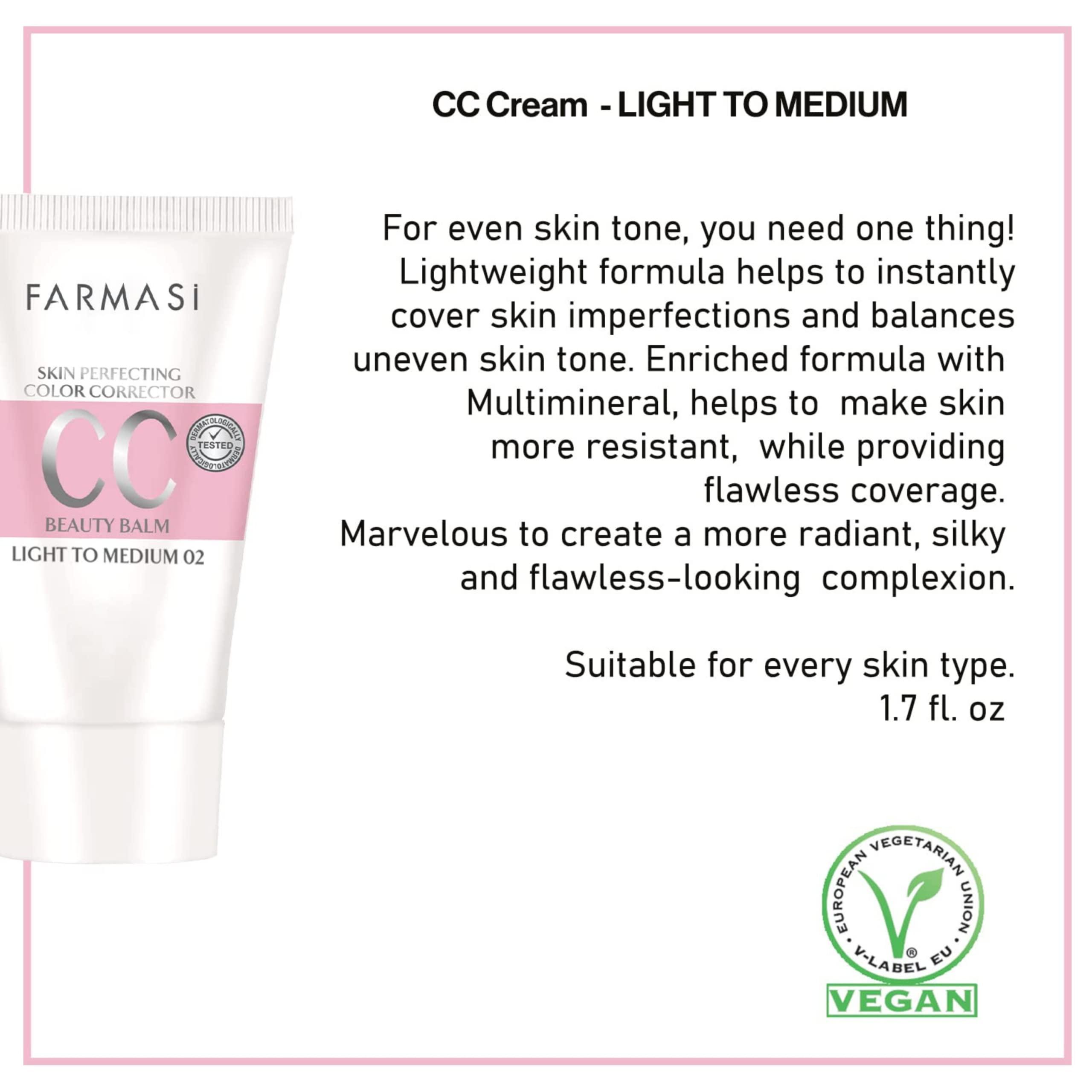 FARMASi FARMASi CC Color Control Cream, Natural and Flawless Finish, Enriched Formula with Multimineral & Spf 25+, All-Day Hold, All Skin Types, 1.7 fl. oz, Light to Mediuum
