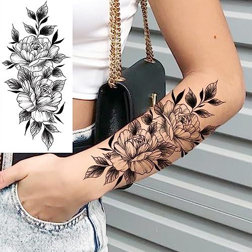 TTHUONG THATHU Black Floral Forearm Temporary Tattoos For Women Adult Girl Rose Flower Round Tattoo Sexy Body Art Washable Tatoos Decal