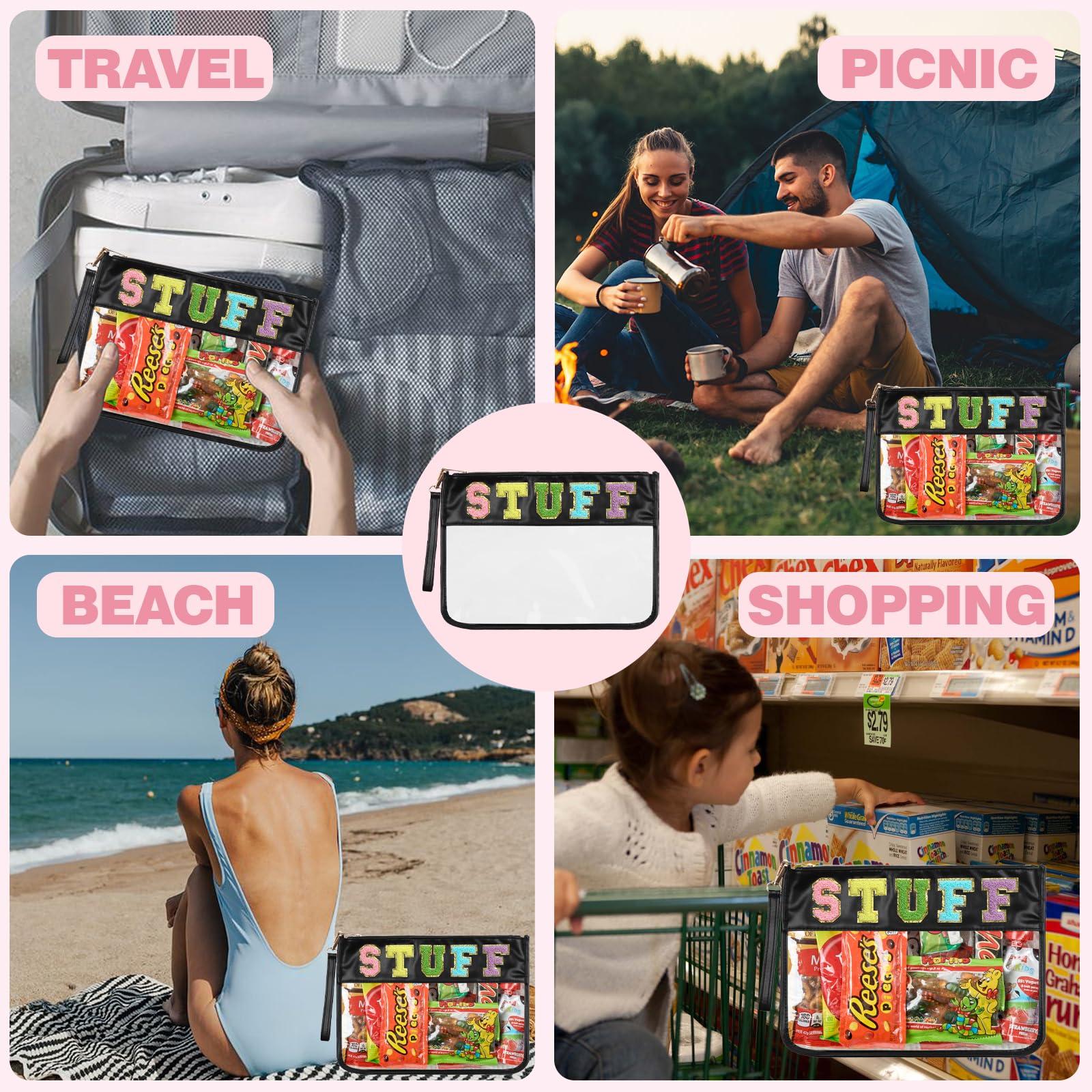 Burskit Burskit Chenille Letter Clear Zipper Pouch for Travel Preppy Stuff Bag Aesthetic Storage Organizer Pouches for Women with Glitter Patch Letters (Black-Stuff)