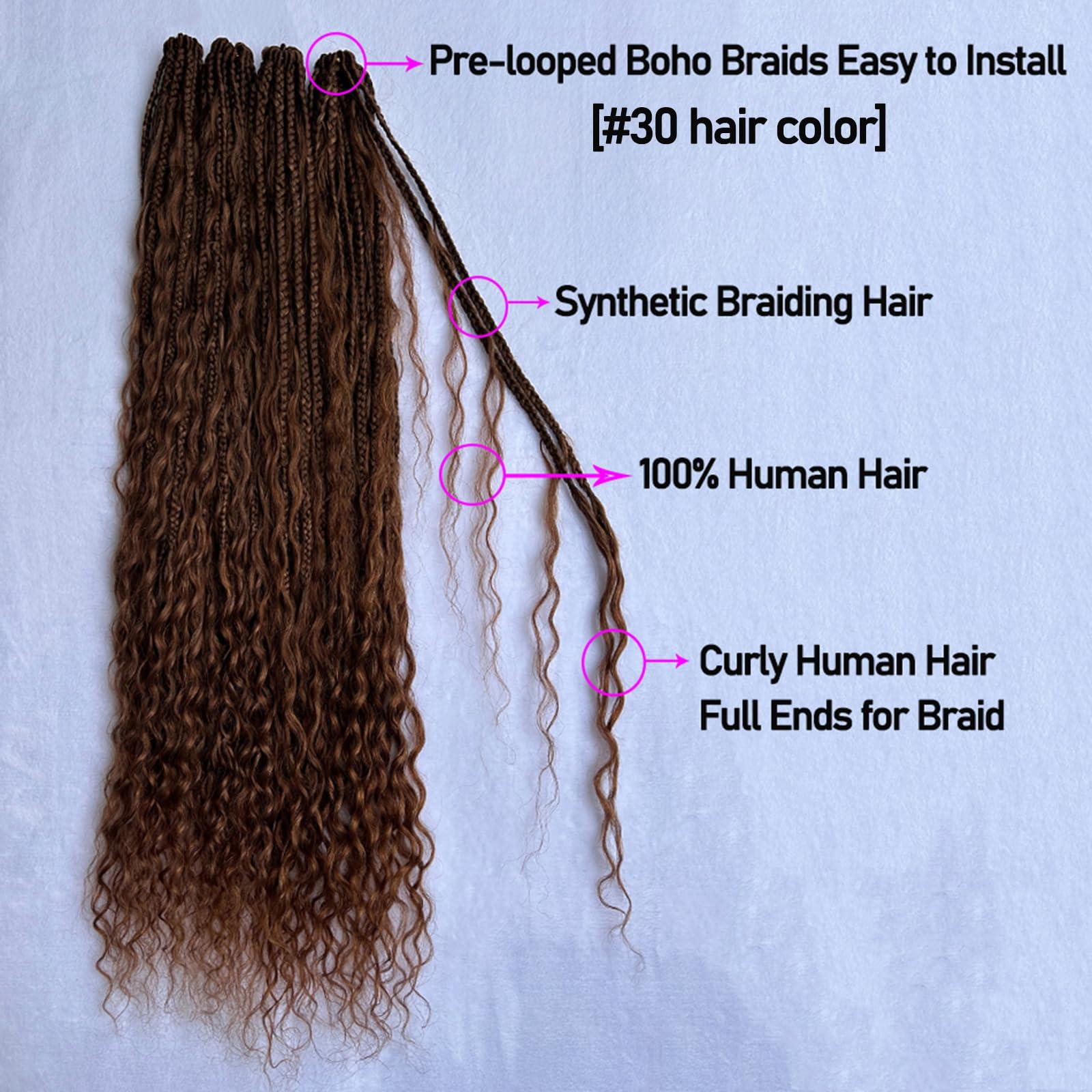 CHARMING YOU Color 30 Honey Brown Pre Looped Boho Box Crochet Braids Human Hair Curls Ends Goddess Knotless Braids Hair Extensions Bundles Loose Deep Wave for Women #30 18Inch 80 Strands