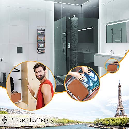 Pierre LaCroix Hanging Travel Toiletry Bag for Women and Men (100% Leak Proof & Doubles as a Cosmetic/Makeup Bag) | Large (34”x11”) | Clear Pockets | Detachable Compartment | Cruelty-Free Leather | (Brown)