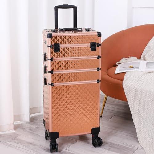 sheeroy sheeroy 4 in 1 Rolling Makeup Case, Cosmetic Train Case Trolley Traveling Make Up Cart with Key Swivel Wheels for Makeup Artist, Hairstylists, Nail Tech Stylist - Rose Gold