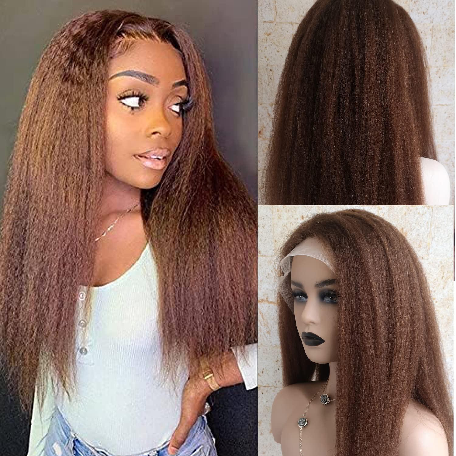 HAOKE Italian Yaki Lace Front Wigs Human Hair 4x4 Silk Base Top Yaki Kinky Straight Human Hair Wigs for Black Women Medium Auburn Wig Glueless Human Hair Lace Wig with Baby Hair (8inch, 4x4 Silk Base Wig)