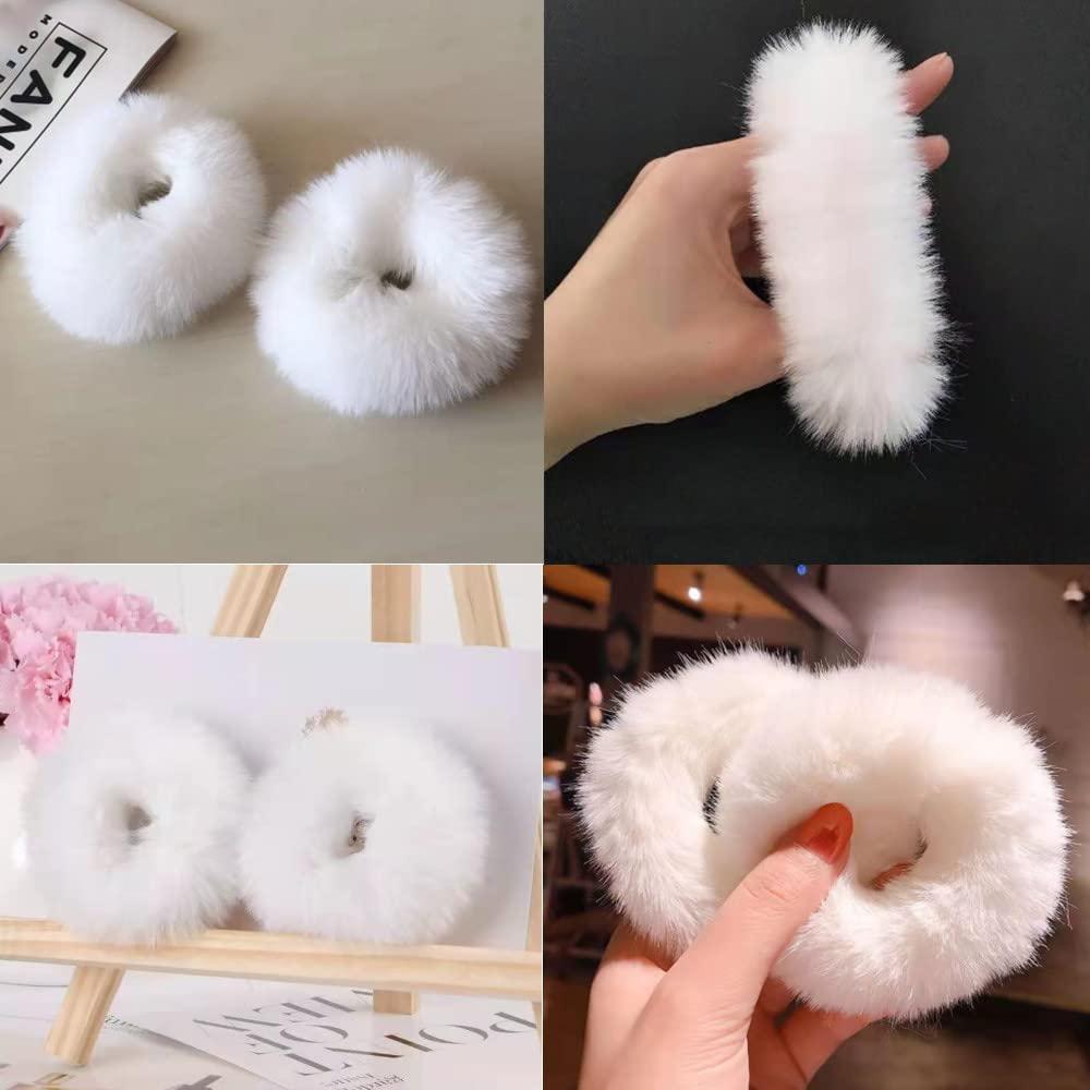 LOPURO Faux Fur Hair Scrunchies, Pom Pom Hair Tie Furry Hair Bands with Faux Rabbit Fur Fluffy Elastic Hair Bobbles Ponytail Holders Women Hair Accessories