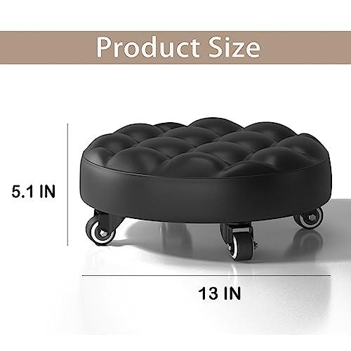CRENEWY CRENEWY Low Roller Seat Short Stools with Wheel,360 Degree Rotating,PU Leather Low Rolling Stool Chair,Circulart Stool for Home, Office,Daily Party, Spa, Pedicure,Fitness Garage Shop(Black)