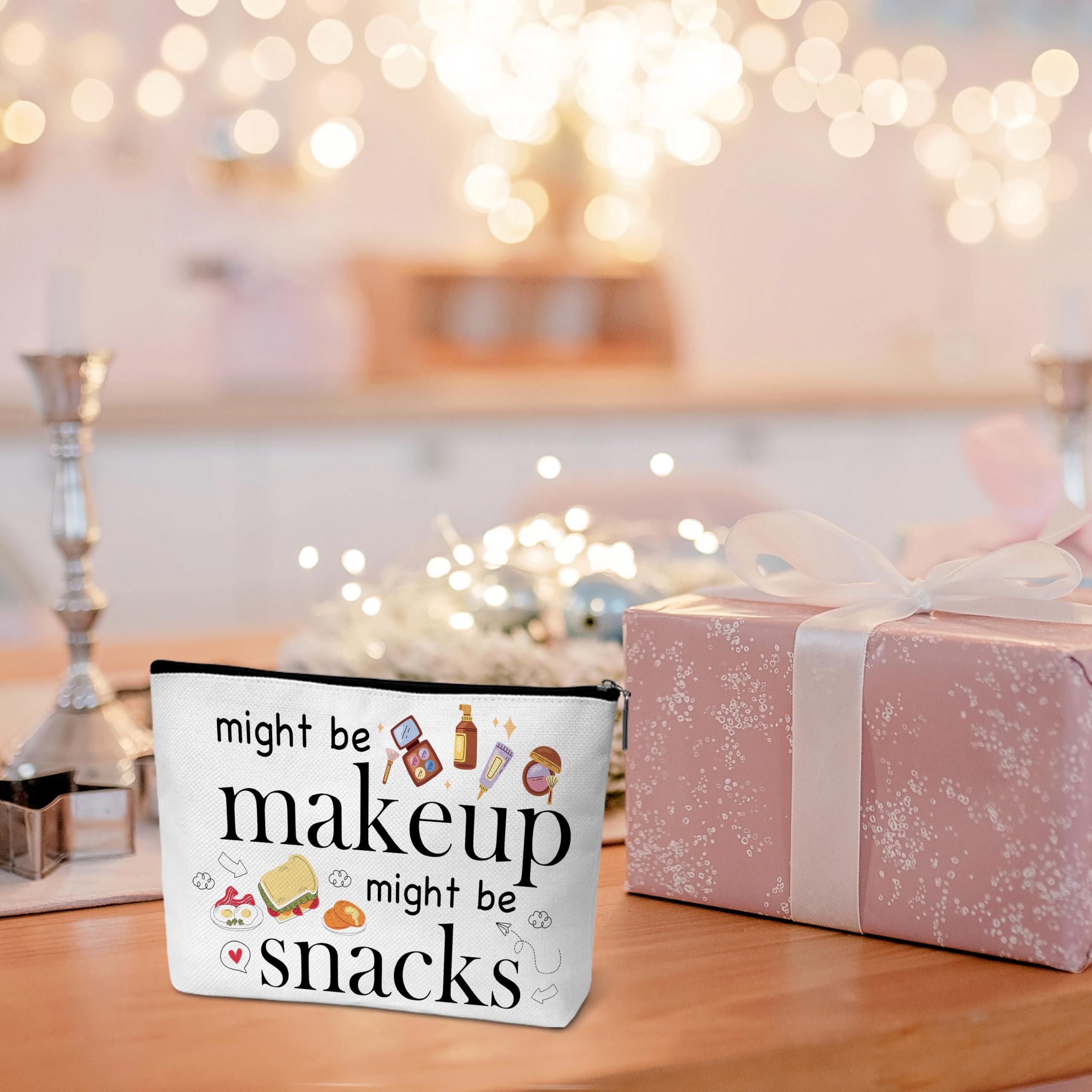 Beshoul Funny Makeup Bag, Birthday Gifts for Teens Friends, Might Be Makeup Might Be Snacks Cosmetic Bags for Women, Snack Bag for Travel -A17