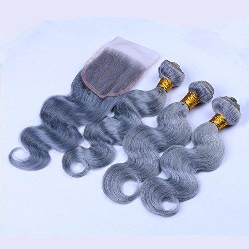 Ruma Hair Ruma Hair Pure Grey Hair Weave 3 Bundles With 4x4'' Lace Closure Silver Grey Body Wave Wavy Virgin Human Hair Extensions With Free Part Top Closures Piece (12 with 14 16 18)