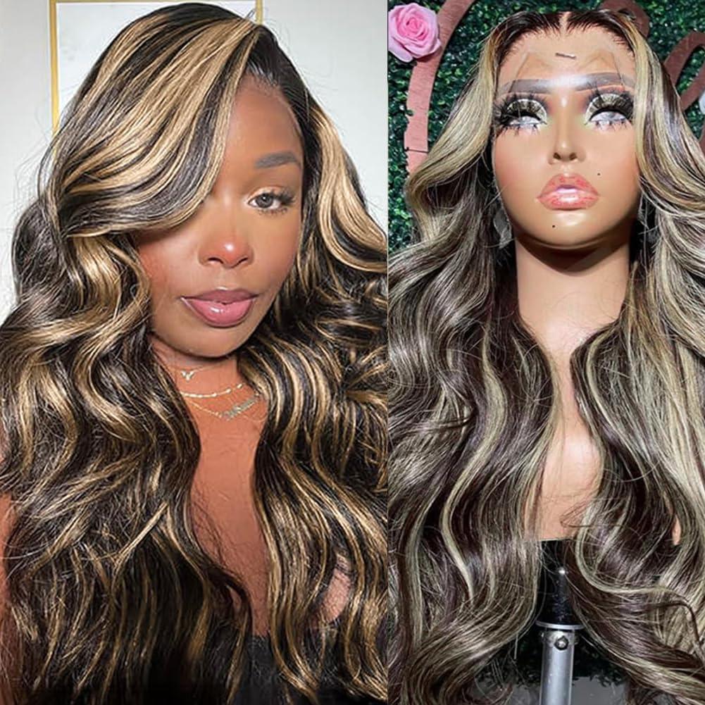 PDTBO PDTBO 34 Inch Ombre Lace Front Wig Human Hair Pre Plucked 1B/27 Highlight 13x4 Lace Front Wig Human Hair 180% Density HD Lace Frontal Wigs for Black Women Human Hair