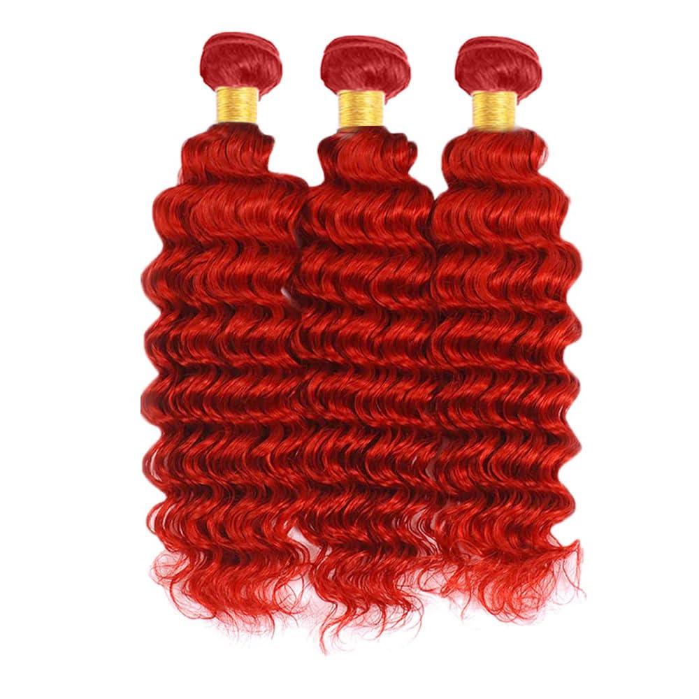 ZevPiul Bright Red Human Hair Bundles Red Deep Wave Bundles 12 14 16 Inch Fire Red Bundles Human Hair 8A Unprocessed Brazilian Virgin Burgundy Deep Wave Bundles Human Hair Extensions