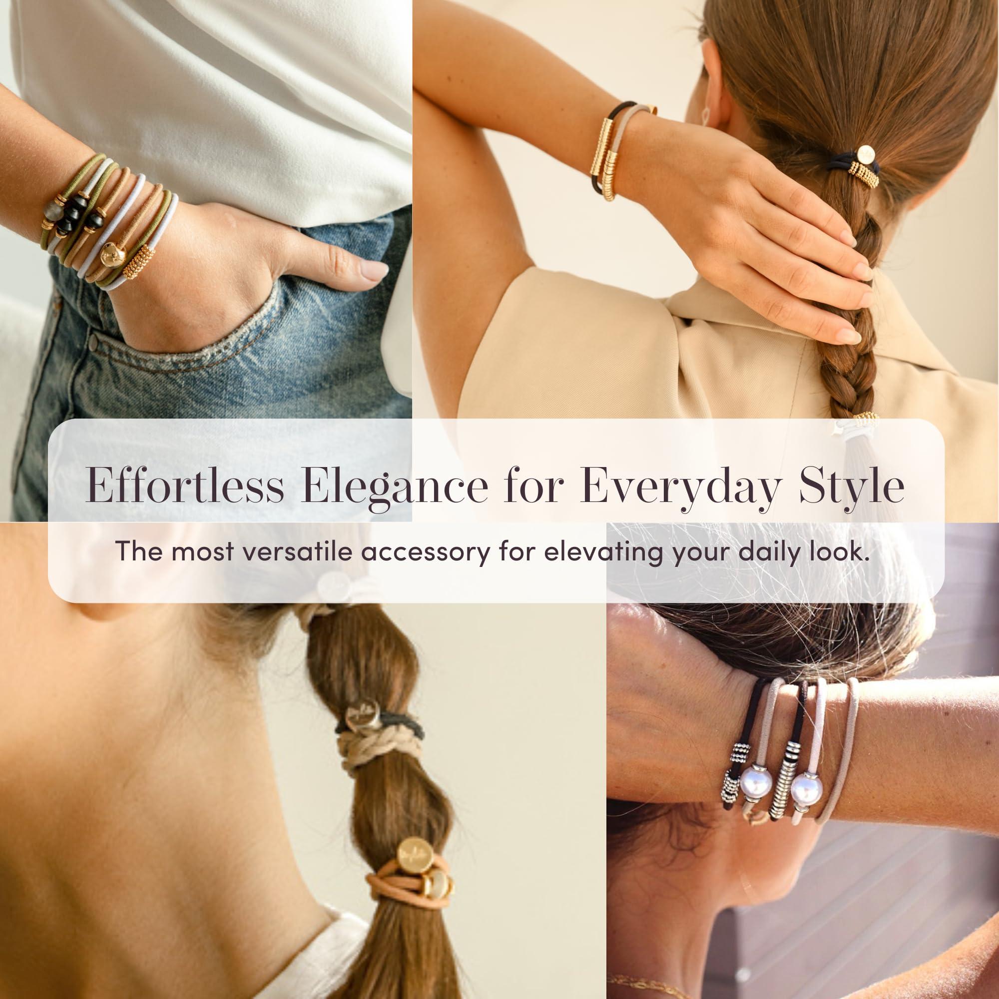 By Lilla By Lilla Hair Ties - Premium Hair Tie Bracelets for Women - Stylish Ponytail Holders for Curly, Straight, Thick, and Thin Hair - Pack of 2 (Barre - Gold/Black)