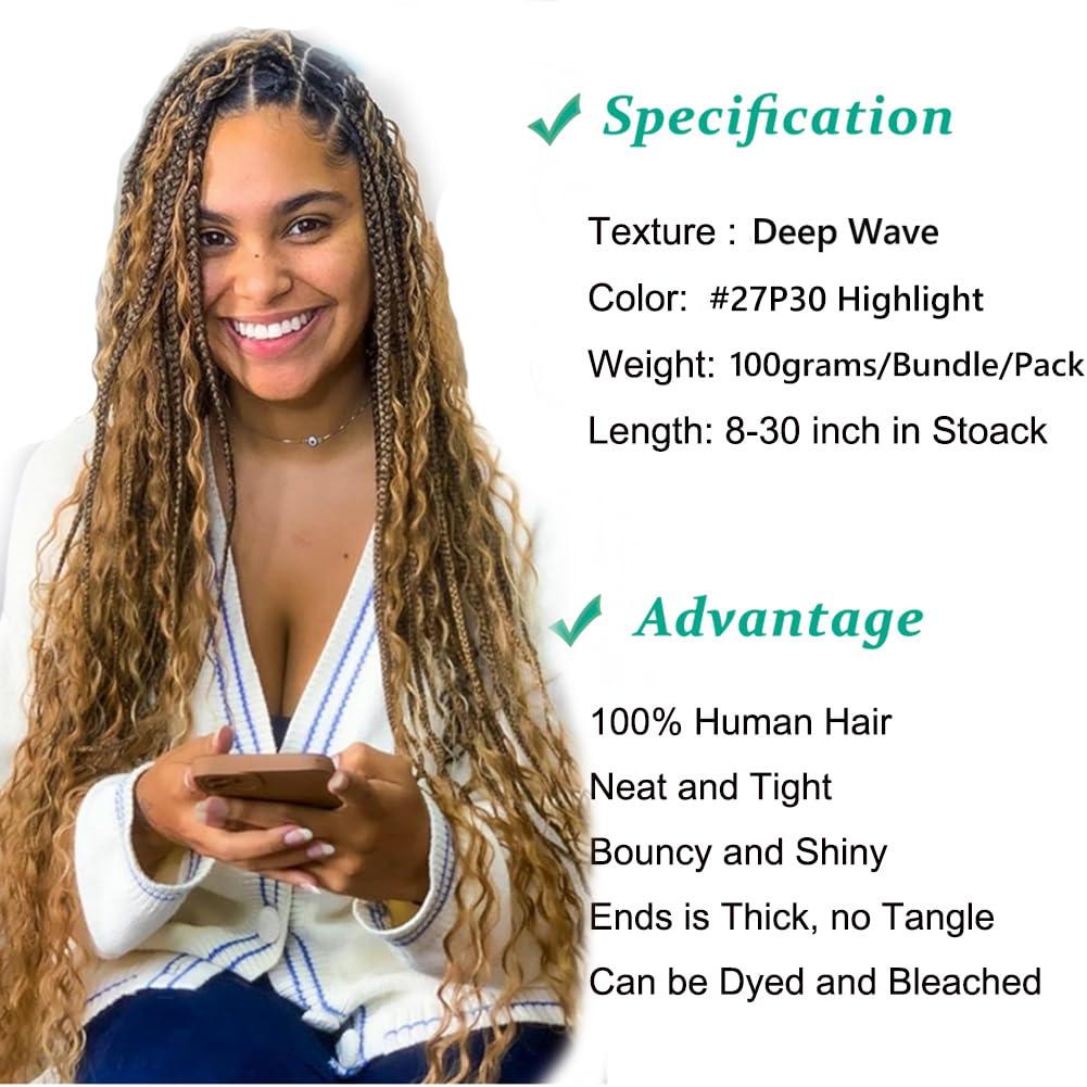 Kiss darling LASHES Micro Braiding Hair Deep Wave Bulk Human Hair for Braiding 14Inch No Weft 100g 100% Raw Human Hair Extensions Bulk Curly Human Hair for Boho Braids # 27P30 Highlight