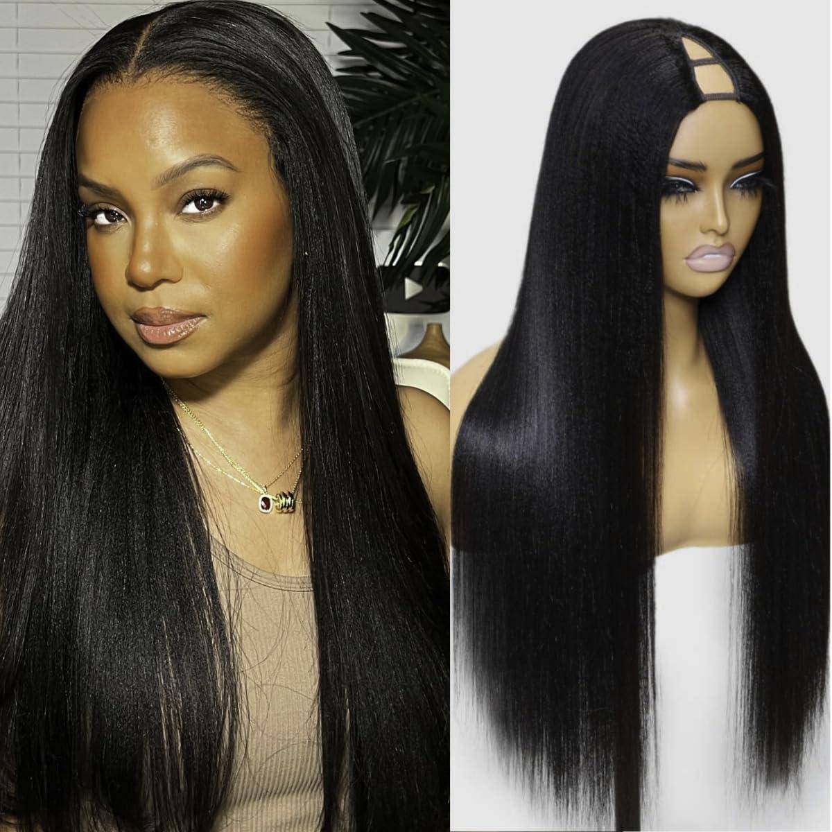 Nadula Nadula V Part Wig Yaki Straight Human Hair No Leave Out Glueless Upgraded U Part Wigs for Women,10A Yaki Straight V-part Wigs V Shape Clip in Half Wig Ready to Go 150% Density 16inch