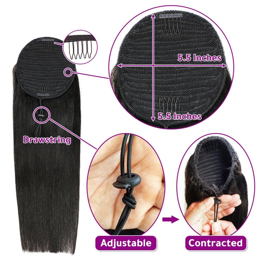 Kiss darling LASHES Drawstring Ponytail Straight Human Hair Clip in Hair Extension 28inch 150g Natural Black 100% Brazilian Human Hair Ponytails Hair Piece for Women Full Thick Ponytail