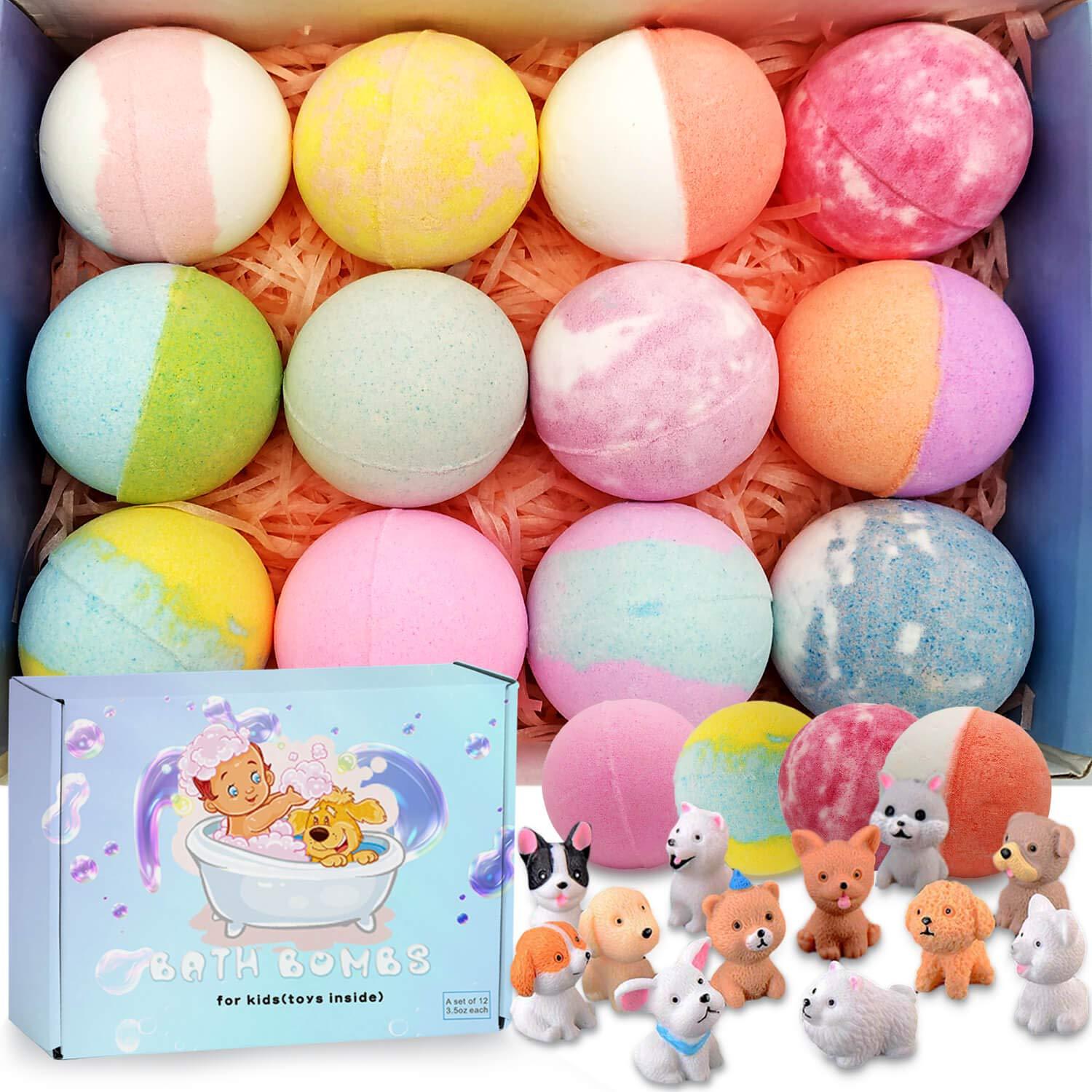 SAMDIA 3.5 oz XL Bath Bombs for Kids with Puppy Toys Inside Kids Bath Bombs Organic Bubble Bath Fizzies Colorful Bomb 12 Pcs Set Birthday/Christmas Surprise Gift for Girls & Boys