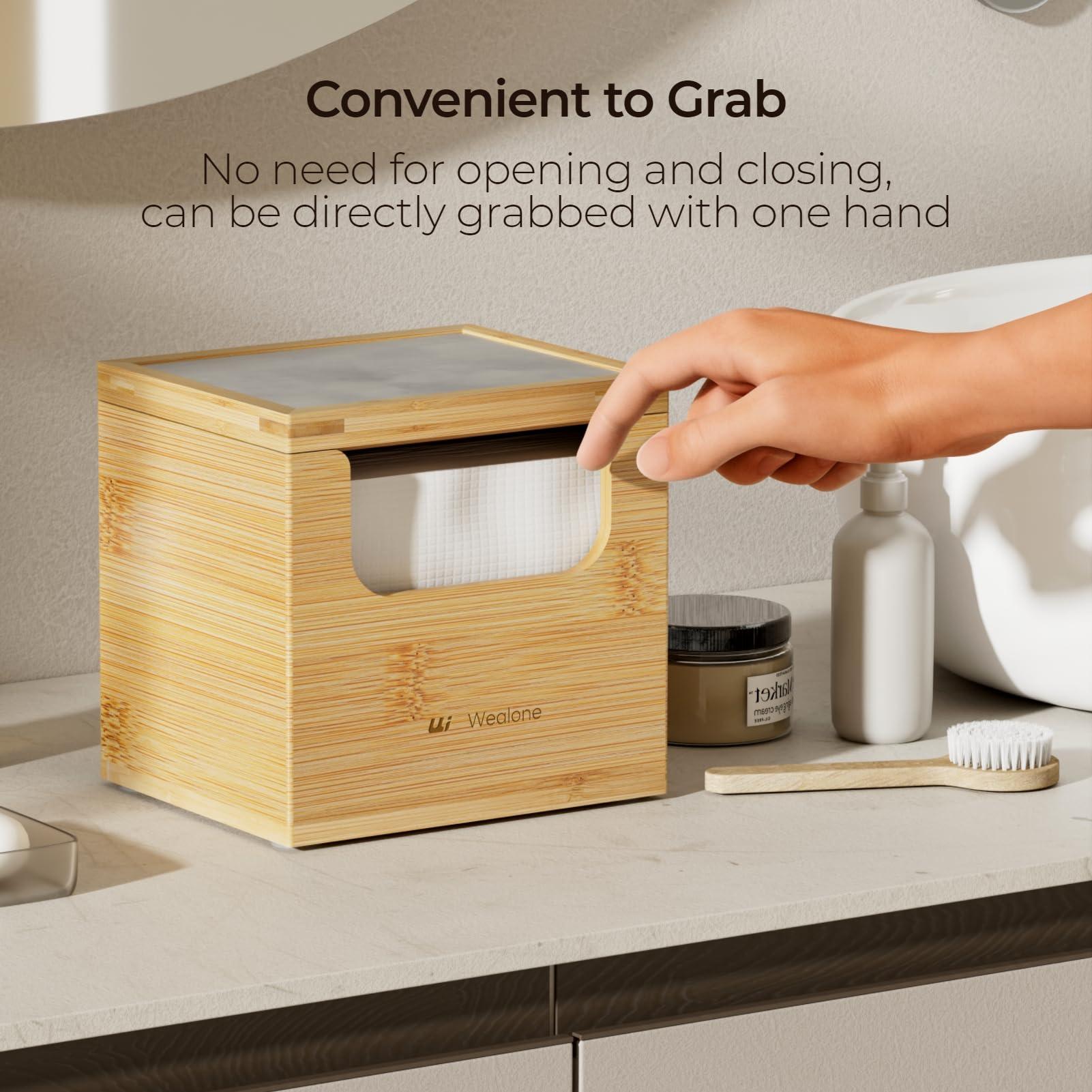 Wealone Wealone Bamboo Storage Box with Quick Dry Stone, Include 50 PCS Disposable Face Towelettes XL, Front-opening Face Towel Holder, Face Cloths for Washing, Disposable Makeup Remover Dry Wipes Container