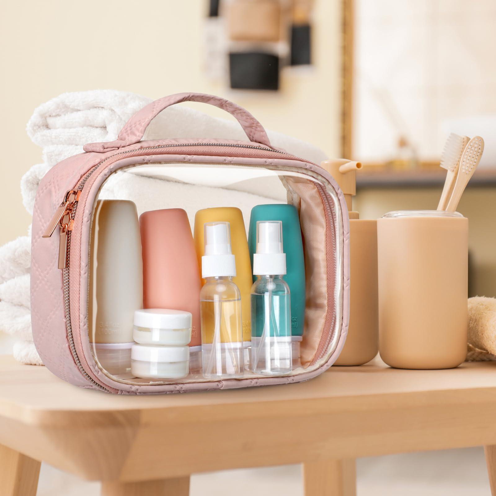 PACKISM PACKISM 2 Pack Rose Pink TSA Approved Toiletry Bag and 9 Pack Travel Bottles with Clear Makeup Bag for Toiletries, Bundle Sales