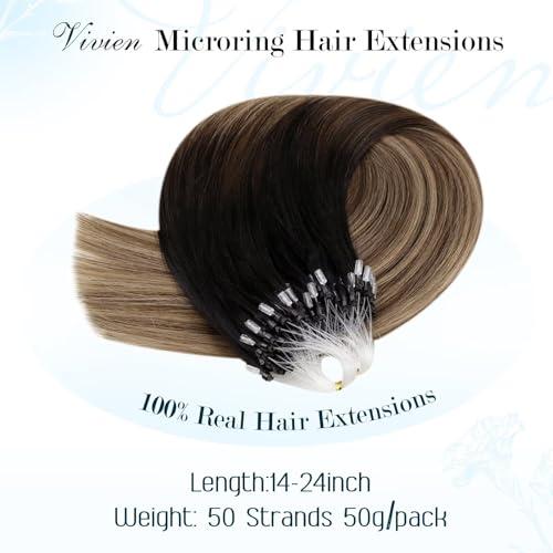 Vivien Vivien Micro Loop Hair Extensions Human Hair Ombre Micro Ring Hair Extensions Real Human Hair Natural Black to Brwon with Ash Blonde Micro Bead Human Hair Extensions 14 Inch 50G/50S