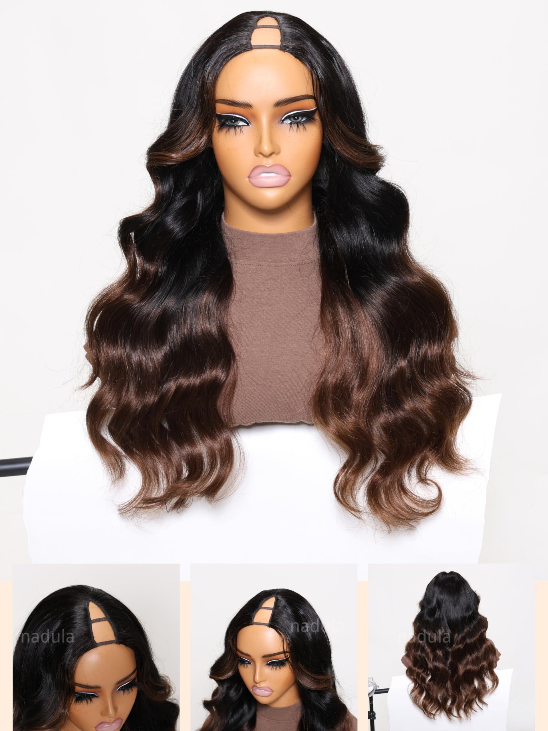 Nadula Nadula Highlight V Part Body Wave Wigs Human Hair No Leave Out Black to Chestnut Brown Ombre Upgrade U Part Wigs, 12A Glueless Ombre V-part Wavy Wigs Clip in Half Wig Ready to Go 180% Density 24inch