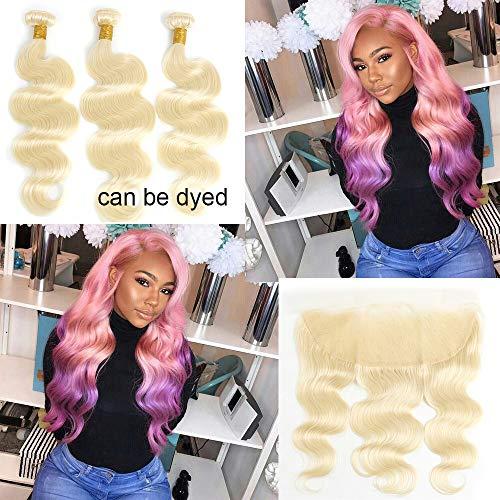 rcmei 613 Bundles with Frontal Peruvian Hair Blonde Body Wave Human Hair Bundles with Transparent Color Lace Frontal with Baby Hair Ear to Ear Honey Blonde Remy Hair Can Be Dyed (161618+14 inch, 613)