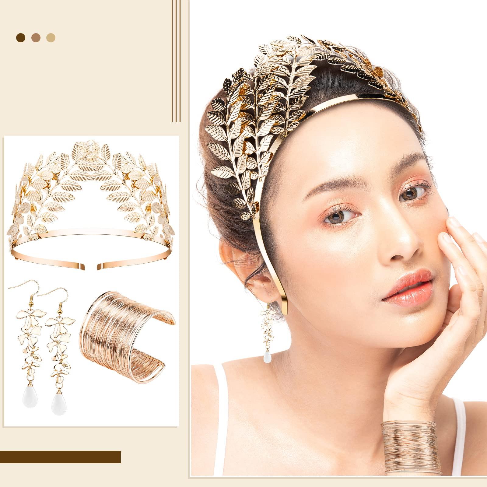 Sureio Sureio 12 Pieces Halloween Greek Goddess Costume Accessories Set Golden Leaves Bridal Hair Headband Hair Comb Coil Upper Crown Armband Dangle Earrings Bridal Headpiece for Wedding Party Accessories