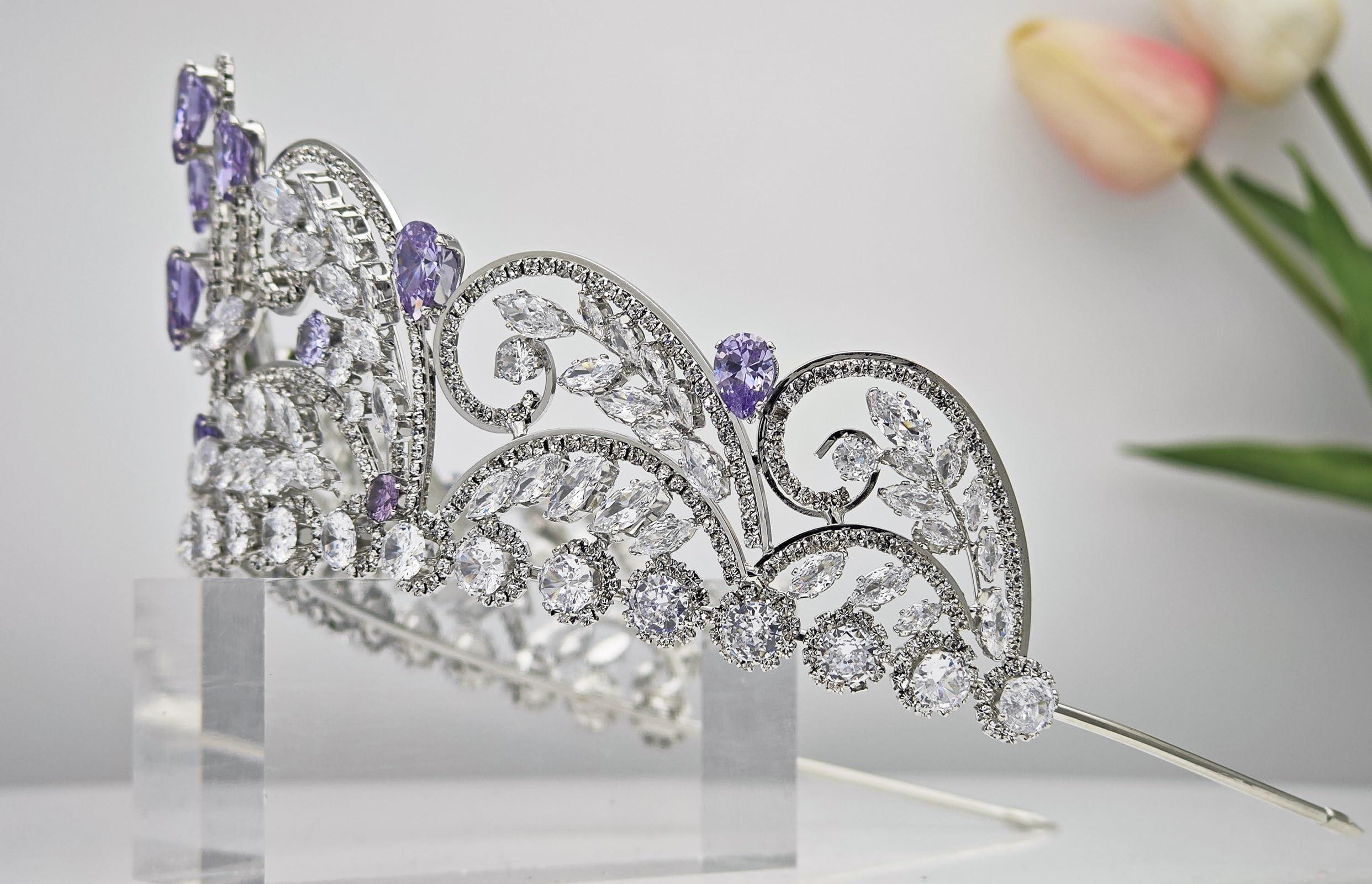 QXMYOO Light Purple Quinceanera Crowns and tiaras lavender Sweet 16 Birthday Crowns for Girls Cubic Zirconia CZ Wedding Headpiece Silver Hair Accessories