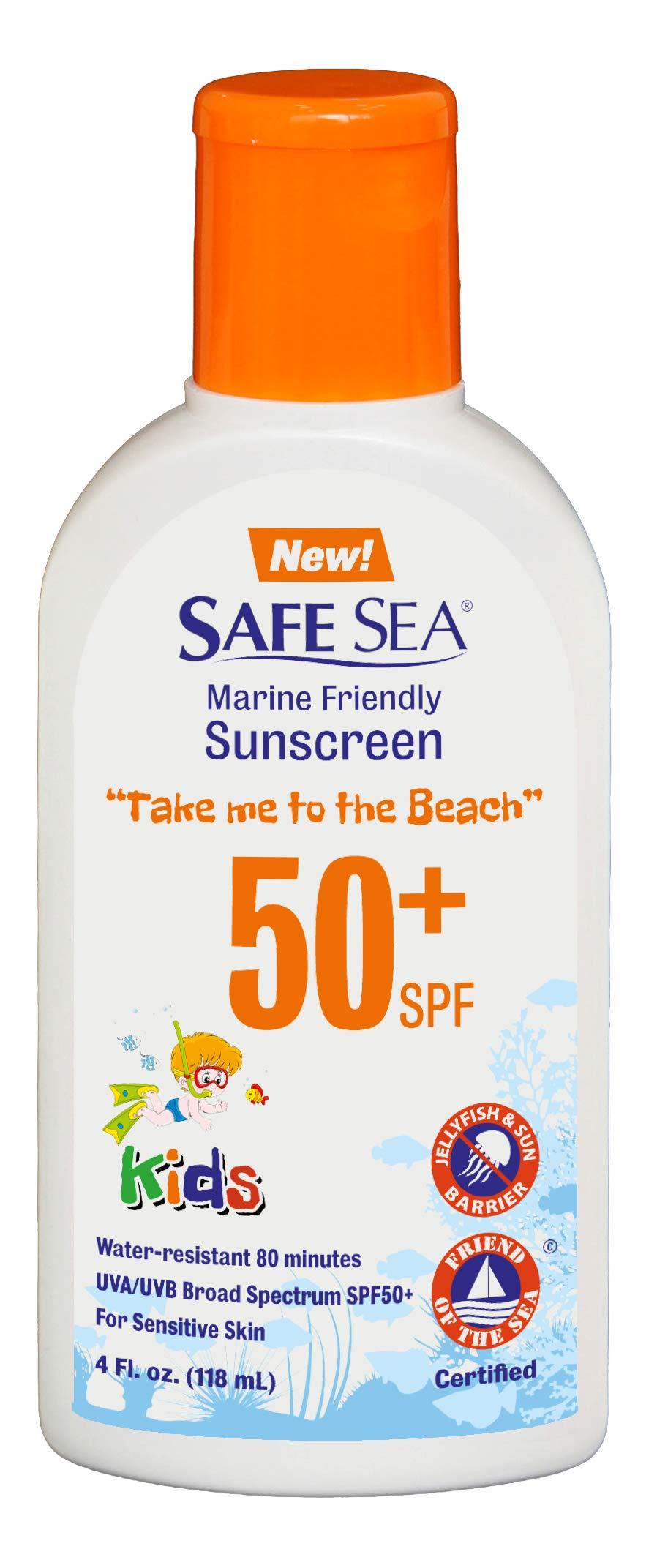 SAFE SEA Safe Sea Jellyfish Sting-Blocking Sunscreen for Kids, SPF 50+ Lotion 4oz, Waterproof, Biodegradable, Coral Reef-Safe – Body and Face Sunscreen, Anti-Jellyfish and Sea-Lice sting protection.