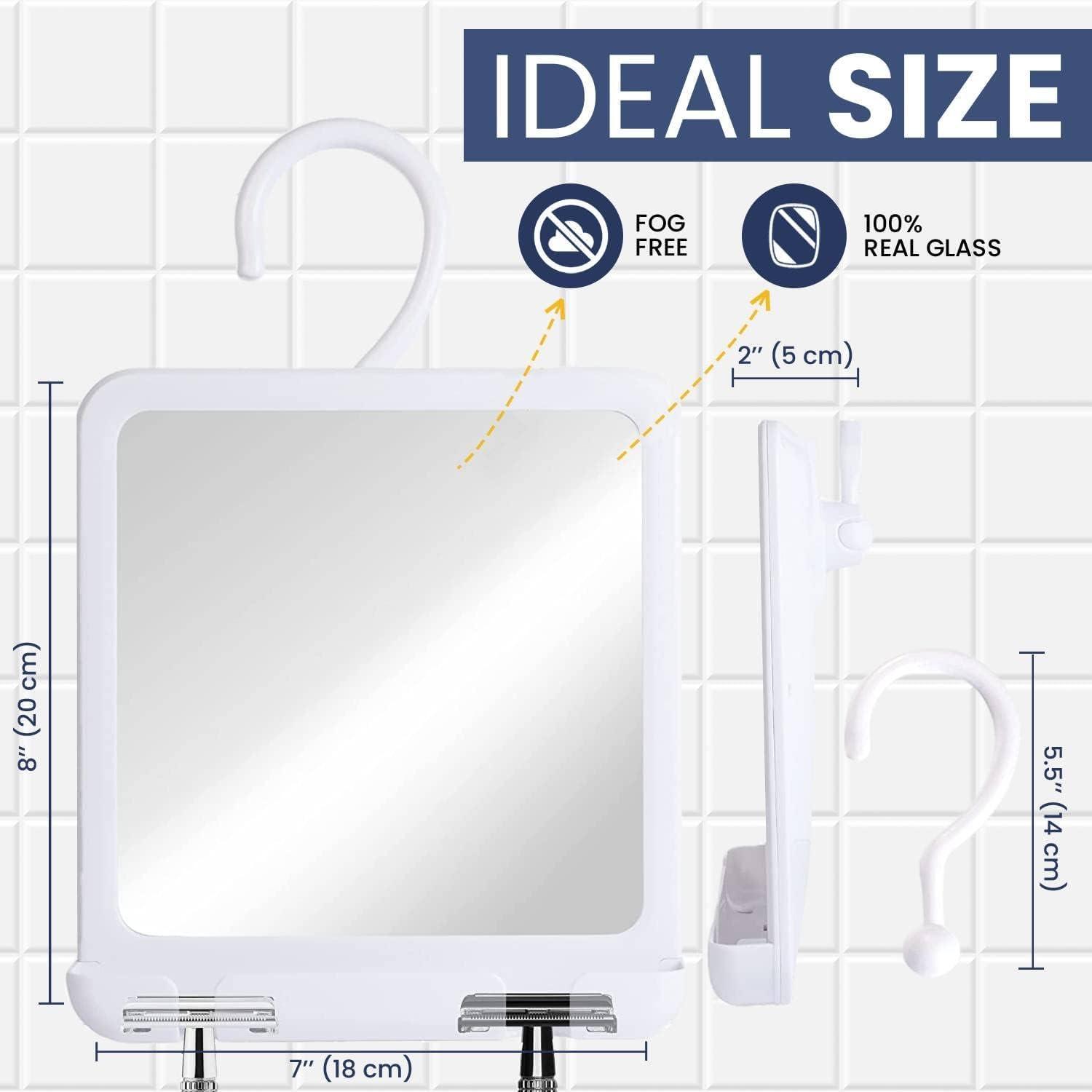 MIRRORVANA REAL GLASS Hanging Shower Mirror for Distortion-Free Shaving - Fogless Mirror with Razor Holder, 360 Adjustable Hook - Fill Back Reservoir with Hot Water for Anti-Fog Shave (8\" x 7\", White)