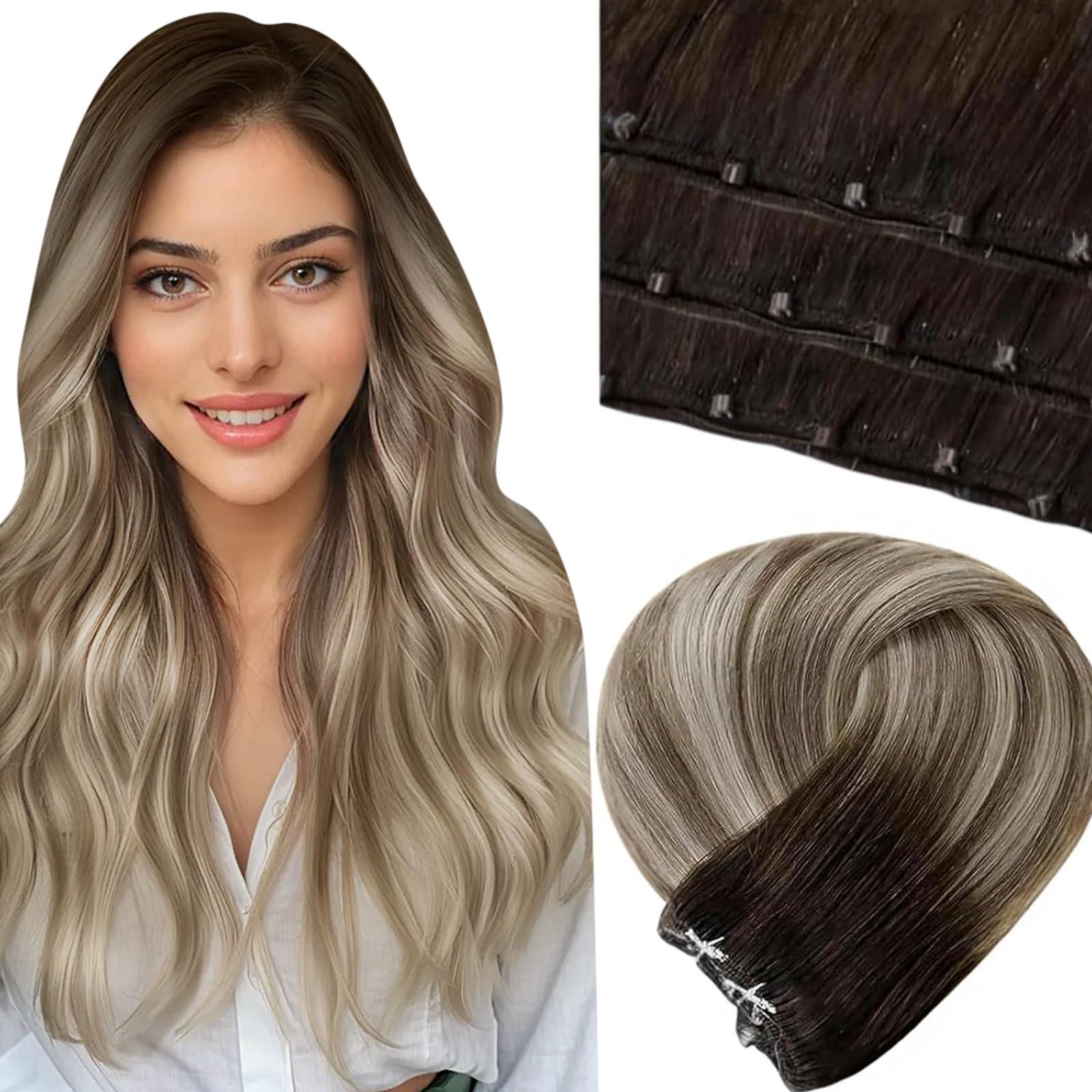 LAAVOO LaaVoo Beaded Weft Hair Extensions Human Hair Microbead Extensions Ombre Micro Beads Weft Human Hair Extensions Brown to Light Brown Mix Blonde Beaded Weft Extensions Human Hair 50G 18 Inch