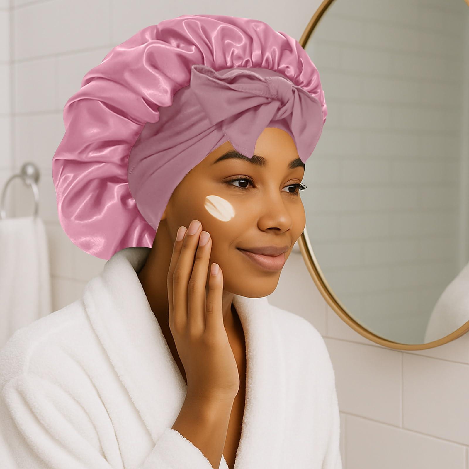 Srevela Satin Silk Bonnet Hair Bonnet for Sleeping Jumbo Sleep Cap, Bonnet for Women Curly Hair, Double Layer Bonnet with Tie Band, Shower Cap
