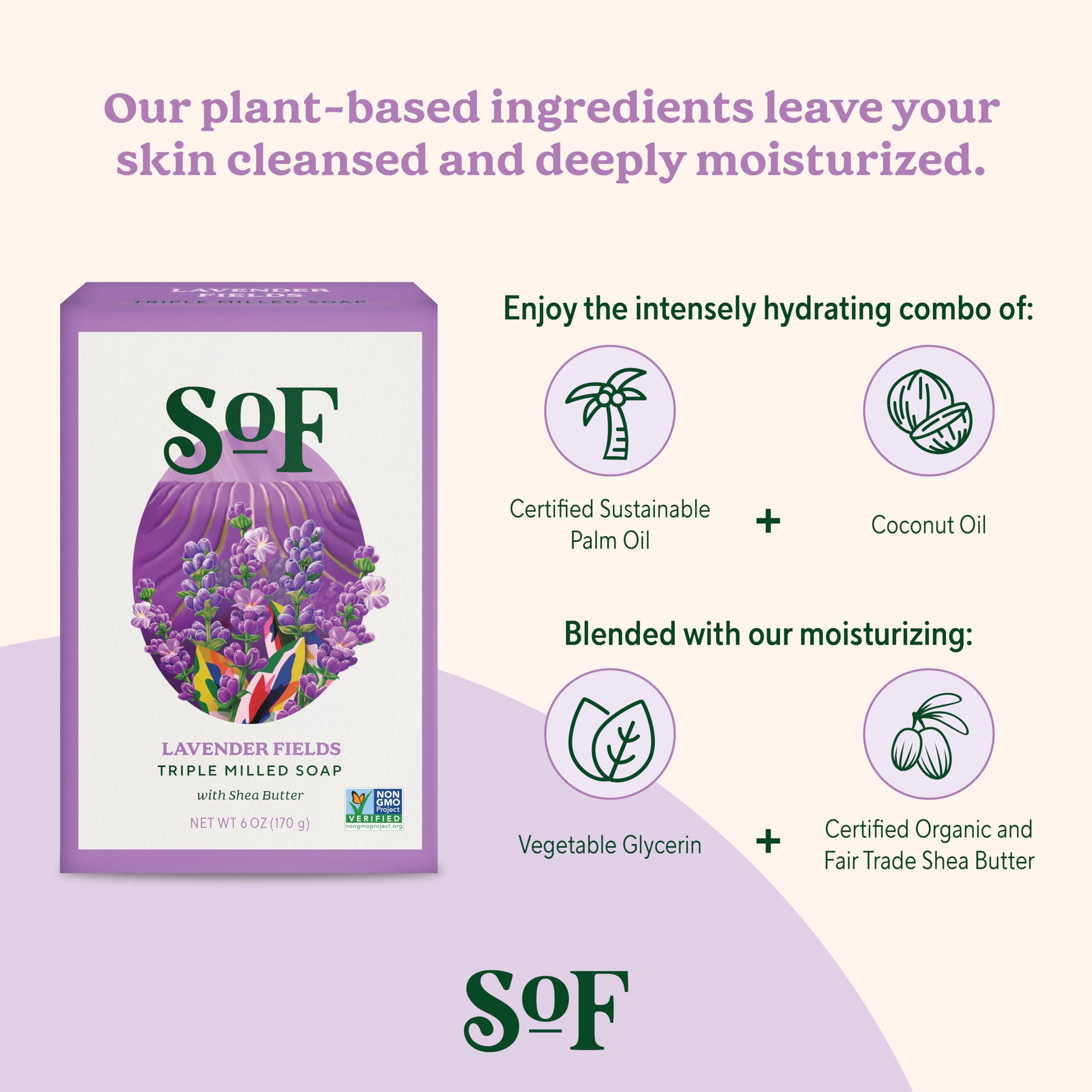 South of France Natural Body Care SoF Triple Milled Bar Soap - With Coconut Oil & Organic Shea Butter- Vegan & Non GMO- Free From Phthalates, Sulfates & Parabens- Lavender Fields - 6 oz Bar 4 Bars