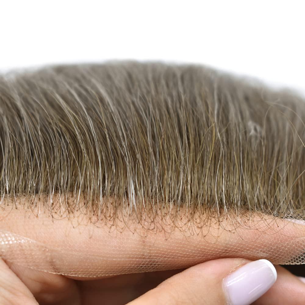 PUNRU HAIR PUNRU HAIR Full French Lace Human Hair System for Men Black Brown Blonde Hair Toupee for Mens Hair Replacement System Bleached Knots Hairpiece 8"X10" #640 Light Brown with 40% gray-100% density