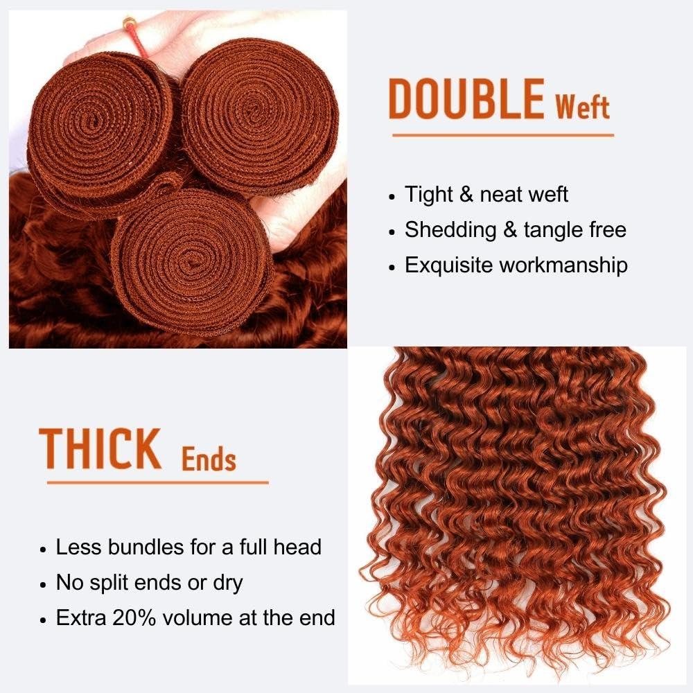 AUROO AUROO Ginger Bundles Human Hair 14 16 18 20 inch, Burnt Orange Deep Wave Human Hair Bundles Curly Ginger Hair 100% Virgin Remy Brazilian Weave Soft Thick 350 Ginger Wavy Bundles Human Hair Sew In