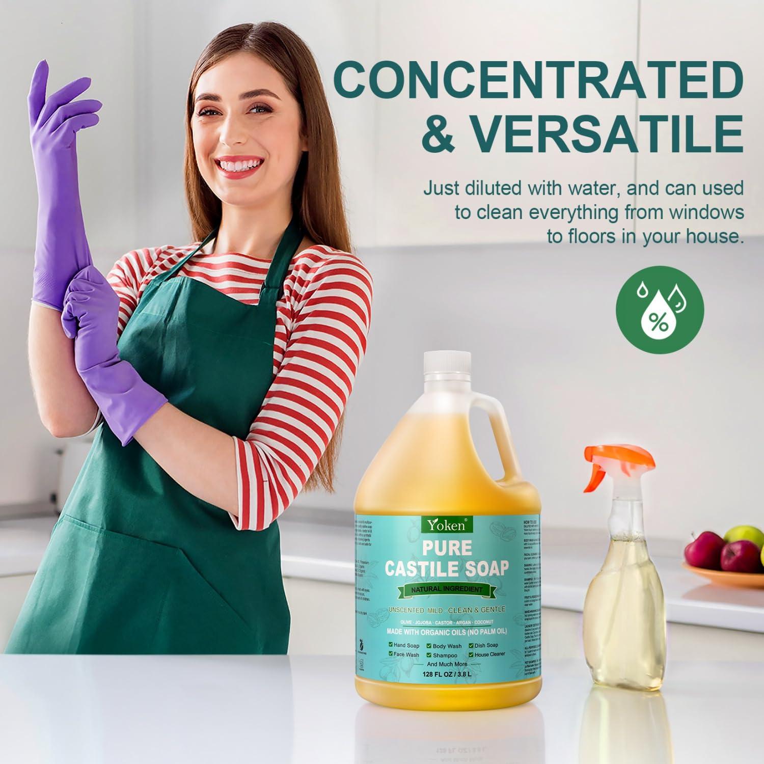 Yoken Yoken Castile Soap Liquid EWG Verified(1 Gallon, Unscented) Pure-Castile Liquid Soap for Body, Face, Hand, Pets, Laundry, Dish Soap and More - Made With Organic Oil, Vegan, Clean & Gentle, Versatile