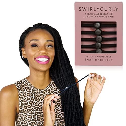 SWIRLYCURLY Snap Hair Ties for Thick, Natural, Curly Hair | No Slip, No Tension Pro Hair Tie | Strong Ponytail Holder (5 Pack, Black)