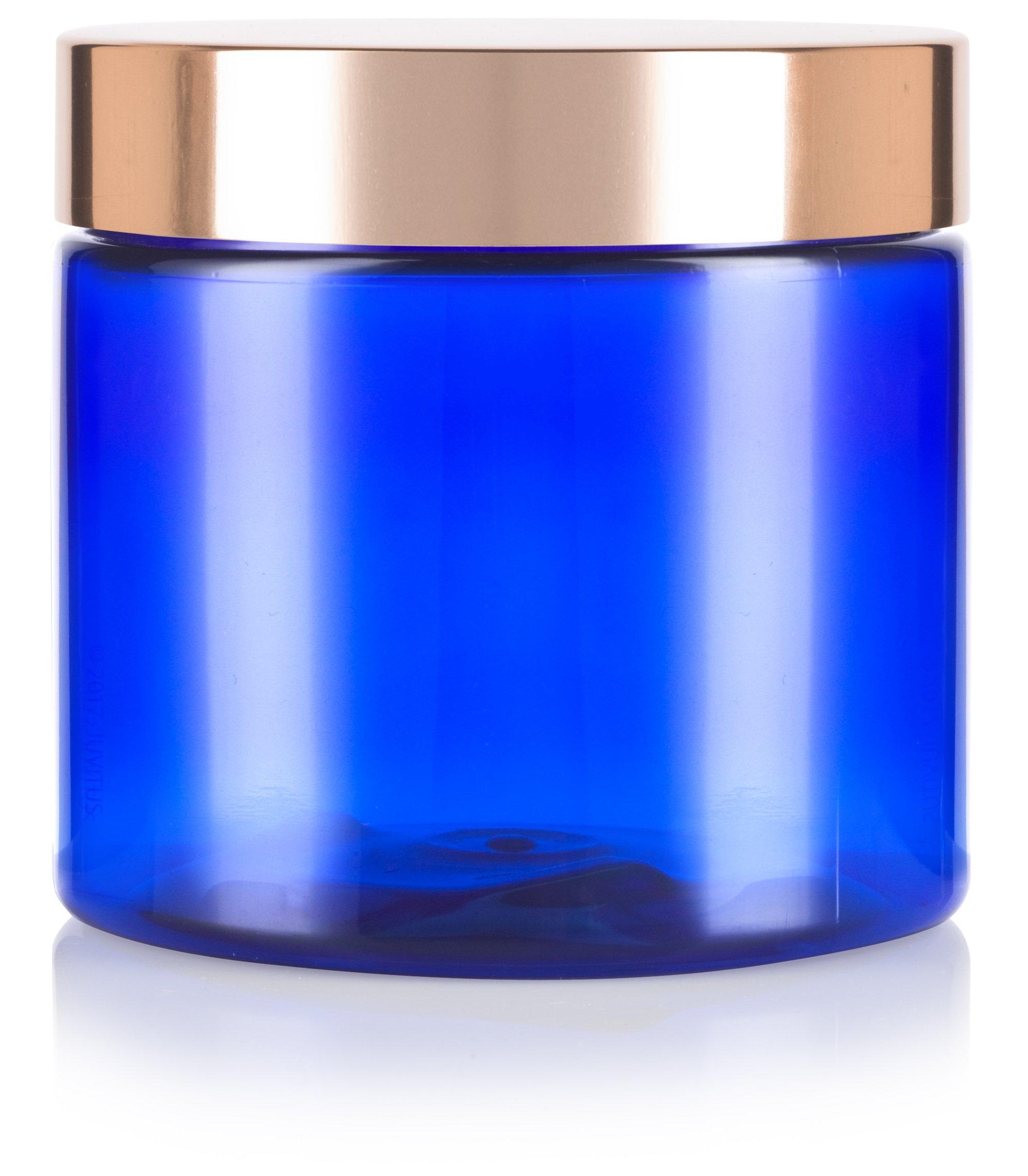 JUVITUS 16 oz Cobalt Blue PET Plastic Jar with Gold Metal Overshell Lid (6 Pack)