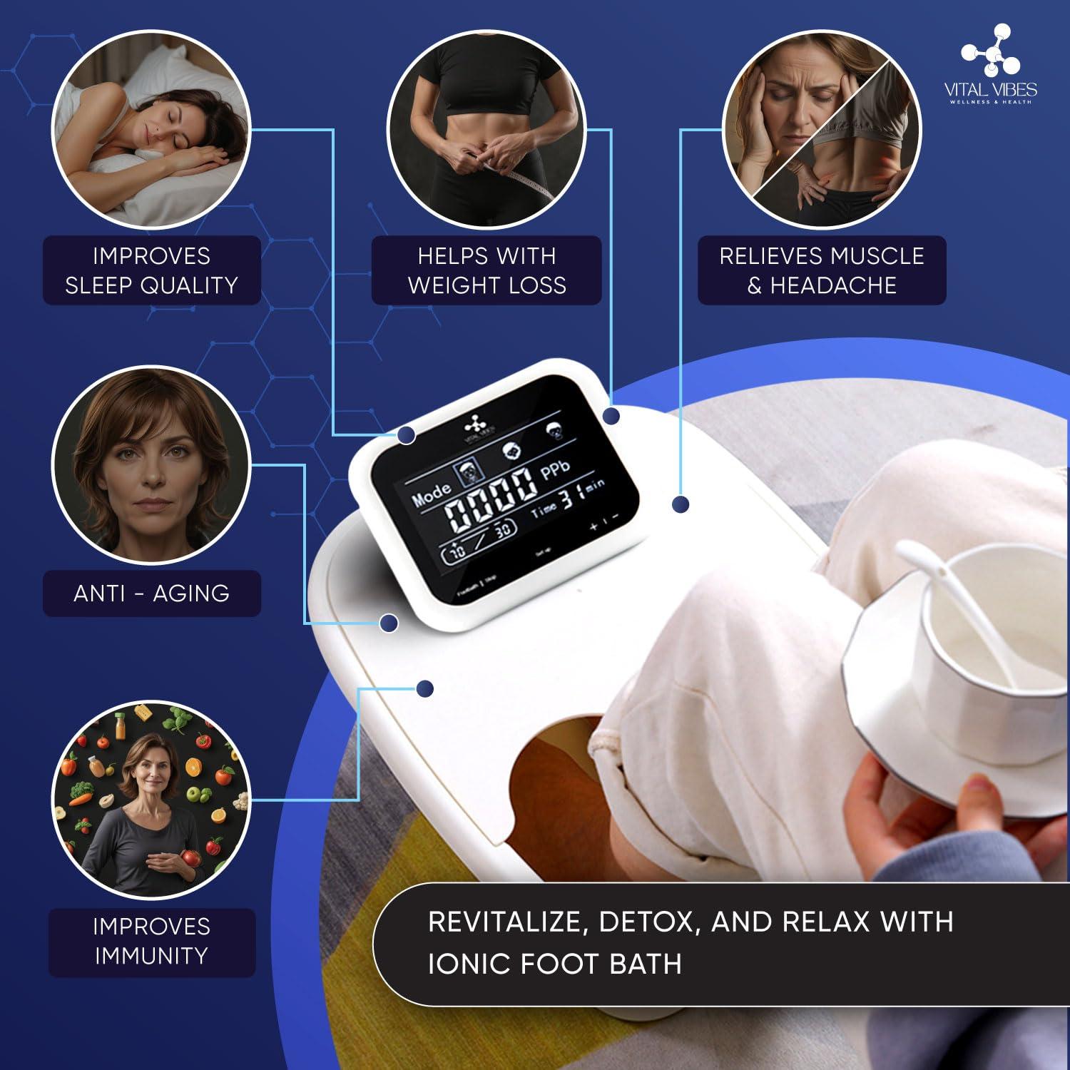 Vital Vibes Vital Vibes Ultimate Ionic Foot Bath Detox Machine - Foot Detox Machine for Spa Bath with Touch Display - Epsom Salt & Towel - Collapsible Soaking tub -Powerful Array- Ion Wristband-Tub Liners