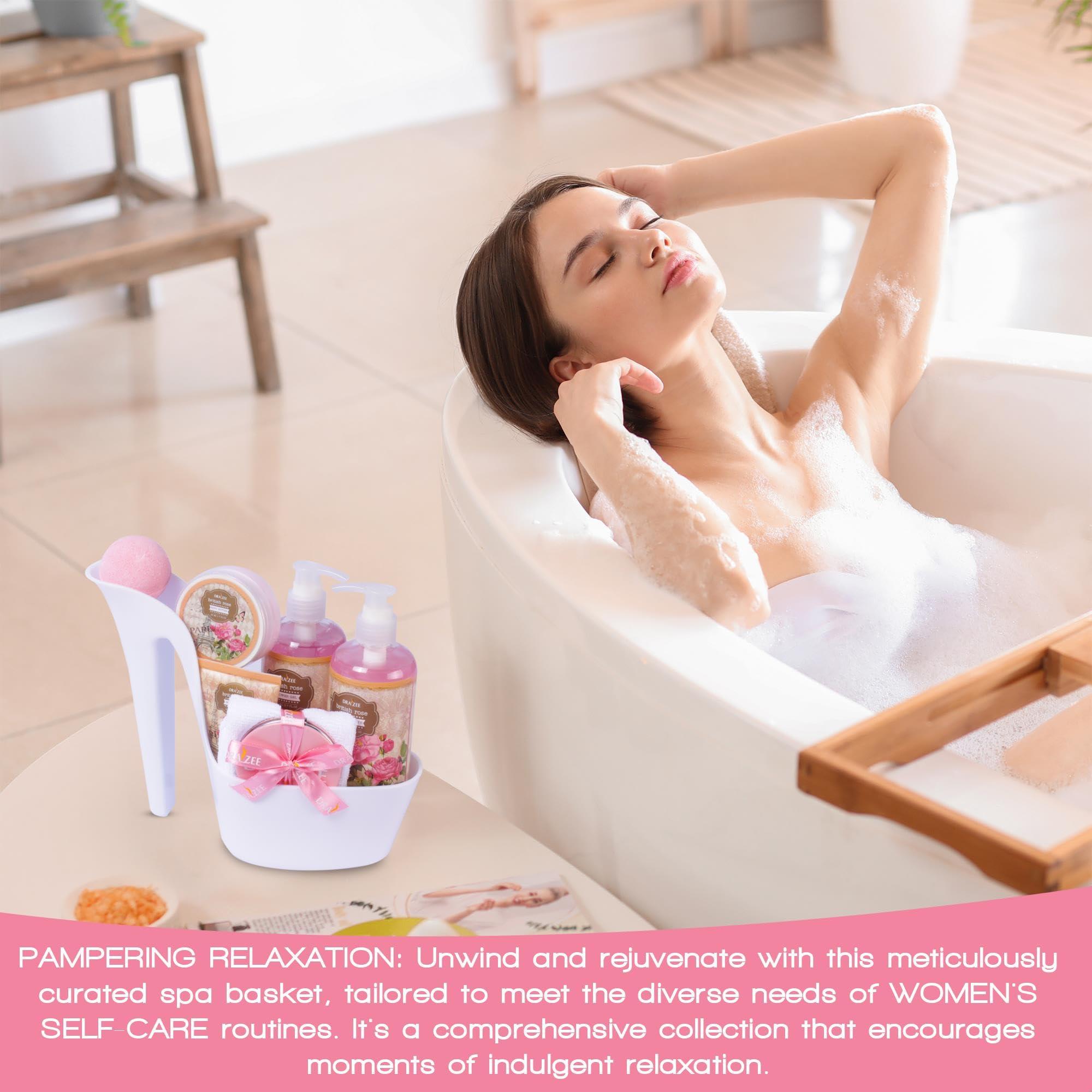 Draizee Spa Gift Basket For Women - Luxury British Rose Scented Bath and Body Set of 8-Pcs Heel Shoe Spa Basket with Body Lotion, Butter, Shower Gel, Bubble Bath & More - Gift for Her, Mom by Draizee