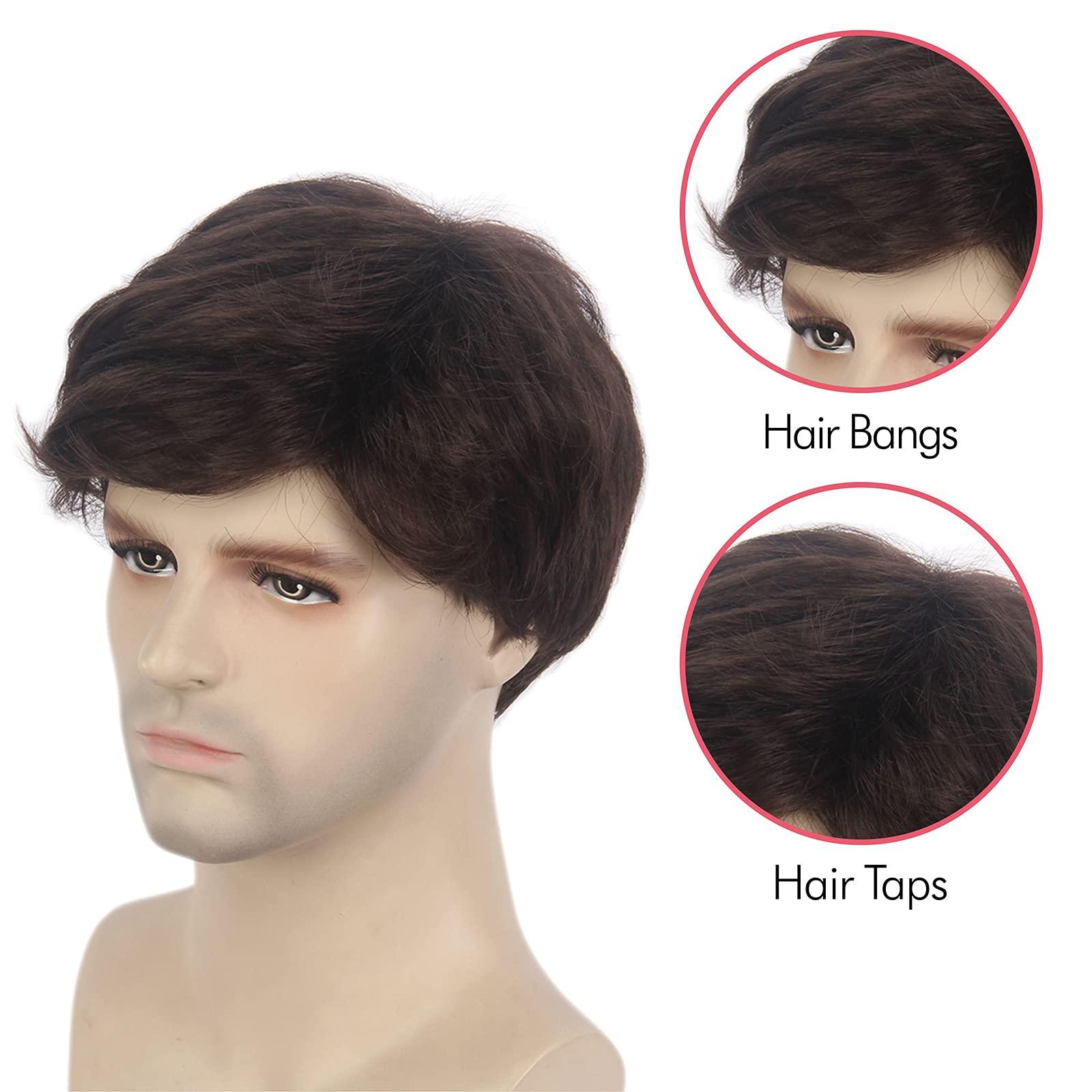 R REEWES FASHION HAIR REEWES Mens Dark Brown Wig Short Men Wig Curly Men's Wig with Side Swept Bangs Natural Synthetic Full Wig for MaleDaily Party Costume Cosplay Wear