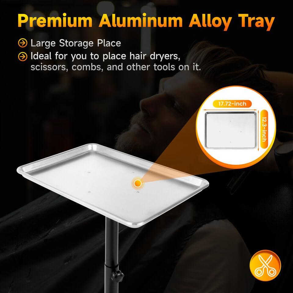 Gosangom Salon Tool Tray, Salon Tray Rolling Cart, Tattoo Table Tray, Mobile Beauty Cart, Adjustable Height Multi-Purpose Tray Cart, Premium Aluminum. (Silver)