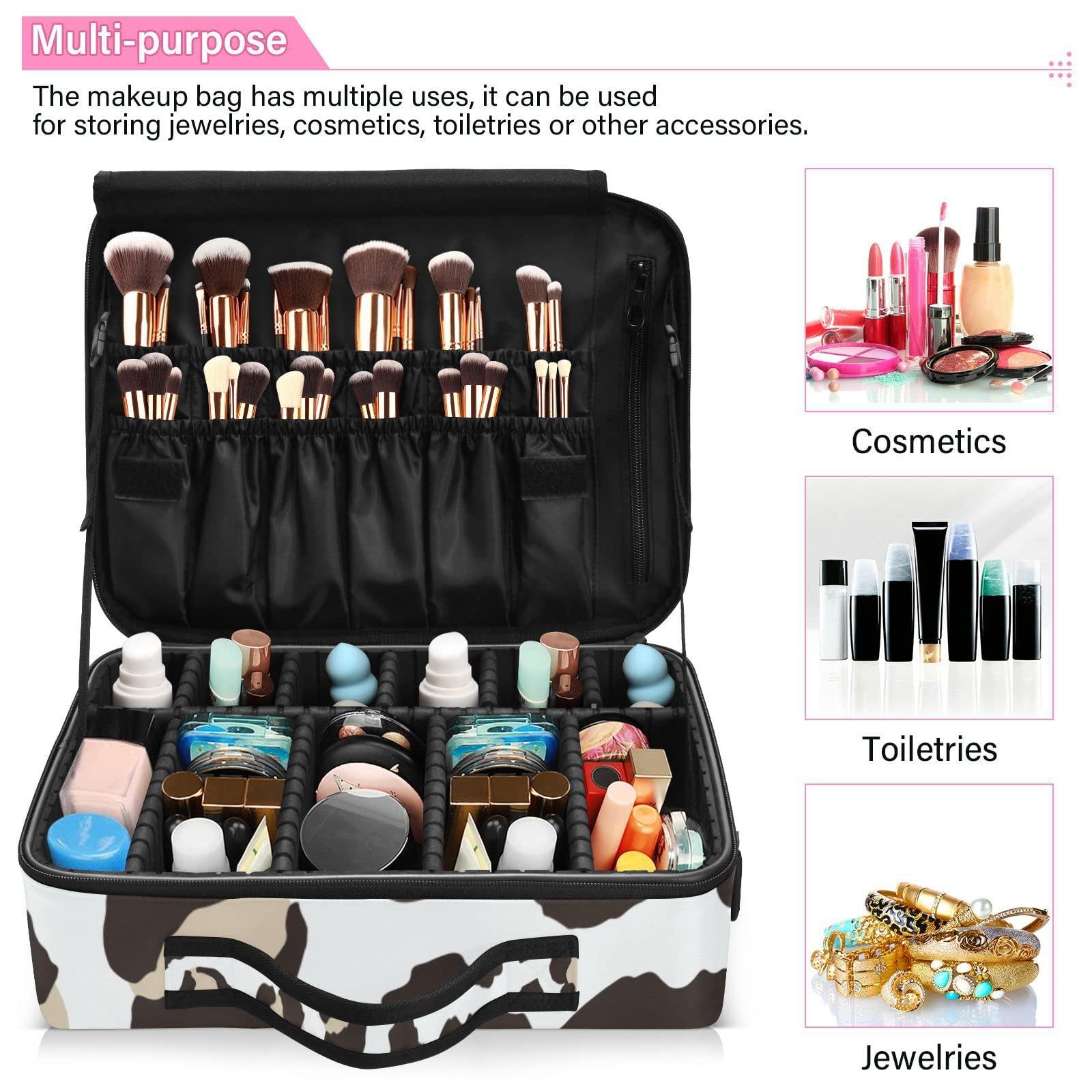 KLL KLL Leopard Print Pattern Large Capacity Cosmetic Case Travel Makeup Train Case with Adjustable Dividers and Shoulder Strap Portable Storage Bag for Toiletry Makeup Brush Jewelry Travel Accessories