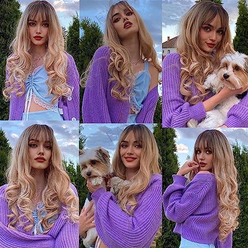 SJDPZ69KJ SJDPZ69KJ Wig 25inch Ombre Brown Champagne Blonde Highlight Long Loose Wave Synthetic Hair Wigs with Bang Heat Resistant Fake Hair for Women for Women Natural Looking Wigs