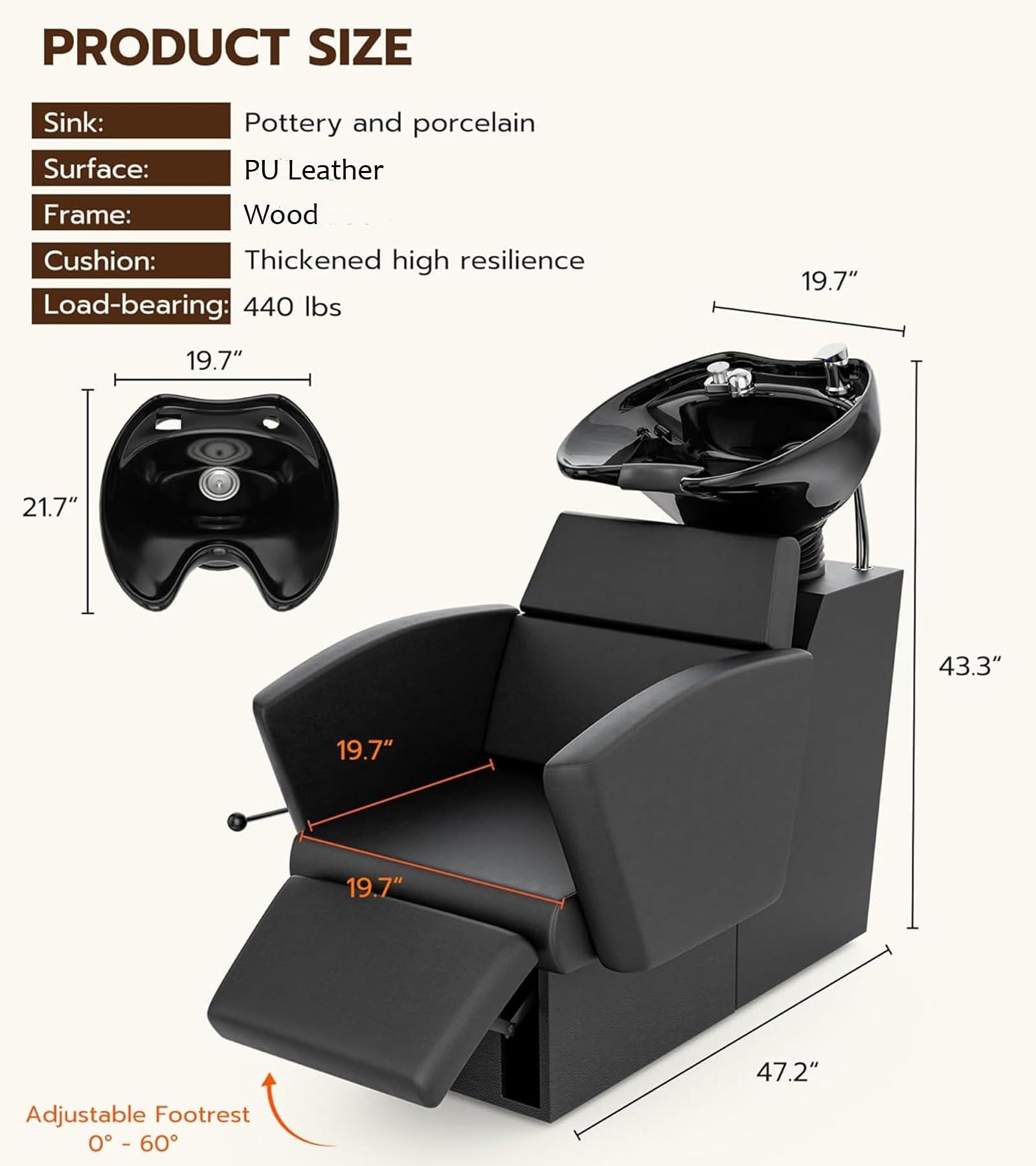 Icoget Icoget Shampoo Bowl and Chair Set for Salon, Hair Washing Station w/Reclining Legrest & Tilting Deep Porcelain Sink, Backwash Barber Shampoo Equipment for Beauty Spa Barbershop, Black